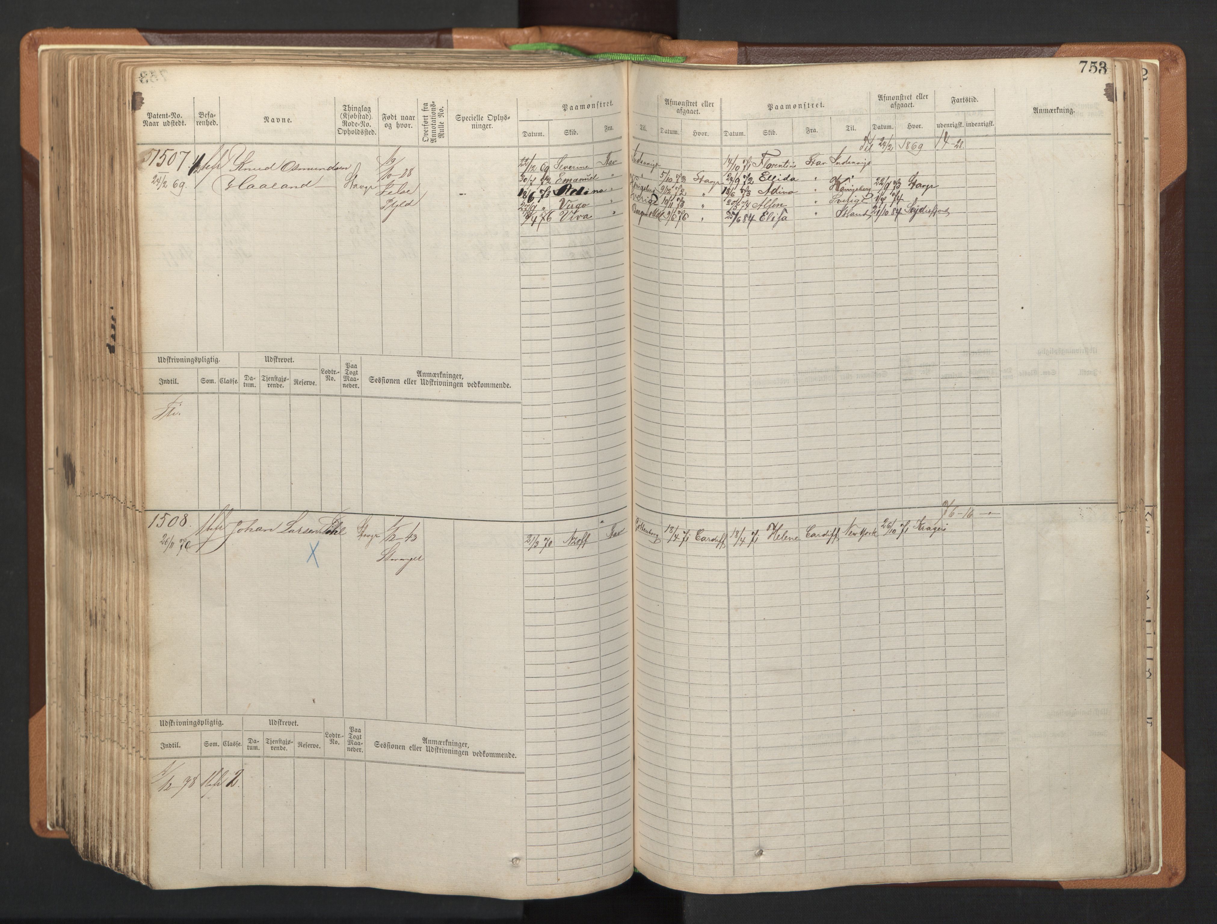 Stavanger sjømannskontor, SAST/A-102006/F/Fb/Fbb/L0005: Sjøfartshovedrulle, patentnr. 793-1606 (del 2), 1869-1880, s. 365