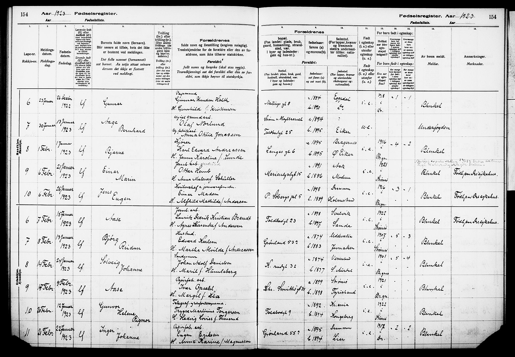 Strømsø kirkebøker, AV/SAKO-A-246/J/Ja/L0001: Fødselsregister nr. I 1, 1916-1925, s. 154