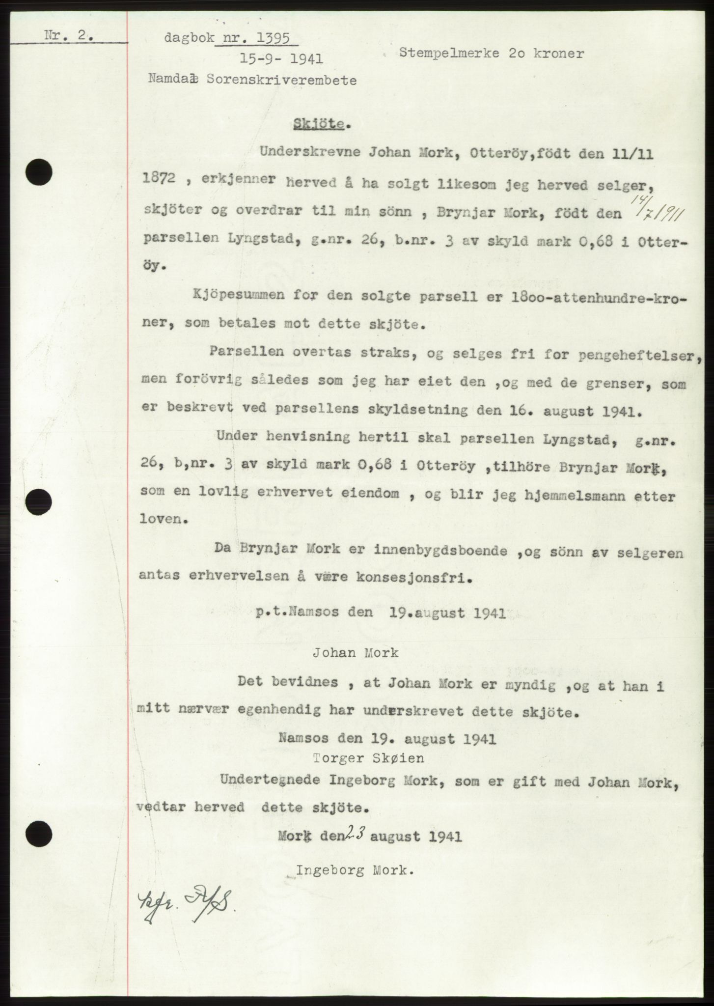 Namdal sorenskriveri, SAT/A-4133/1/2/2C: Pantebok nr. -, 1941-1942, Dagboknr: 1395/1941