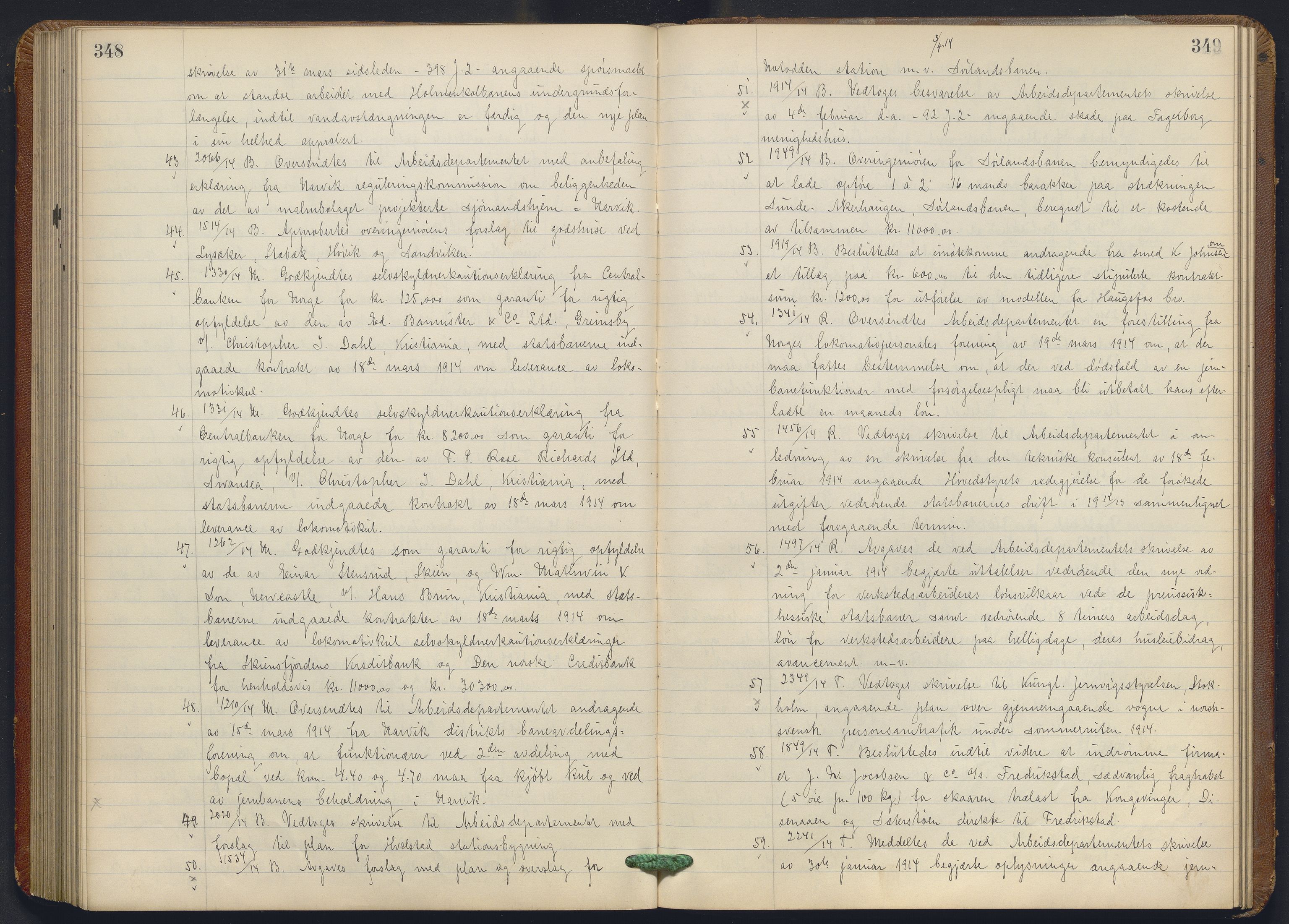 Norges statsbaner, Administrasjons- økonomi- og personalavdelingen, AV/RA-S-3412/A/Aa/L0013: Forhandlingsprotokoll, 1913-1914, s. 348-349