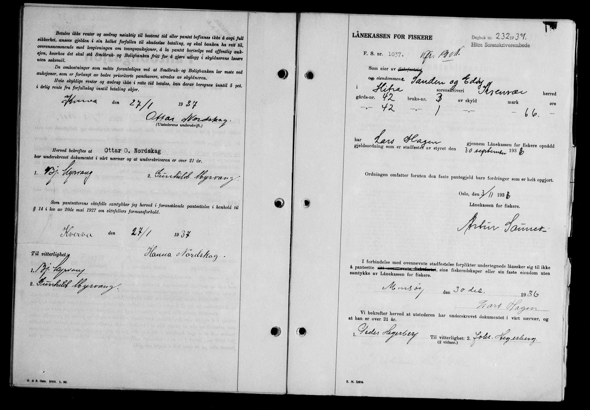 Hitra sorenskriveri, AV/SAT-A-0018/2/2C/2Ca/L0028: Pantebok nr. B-1, 1936-1939, Dagboknr: 232/1937