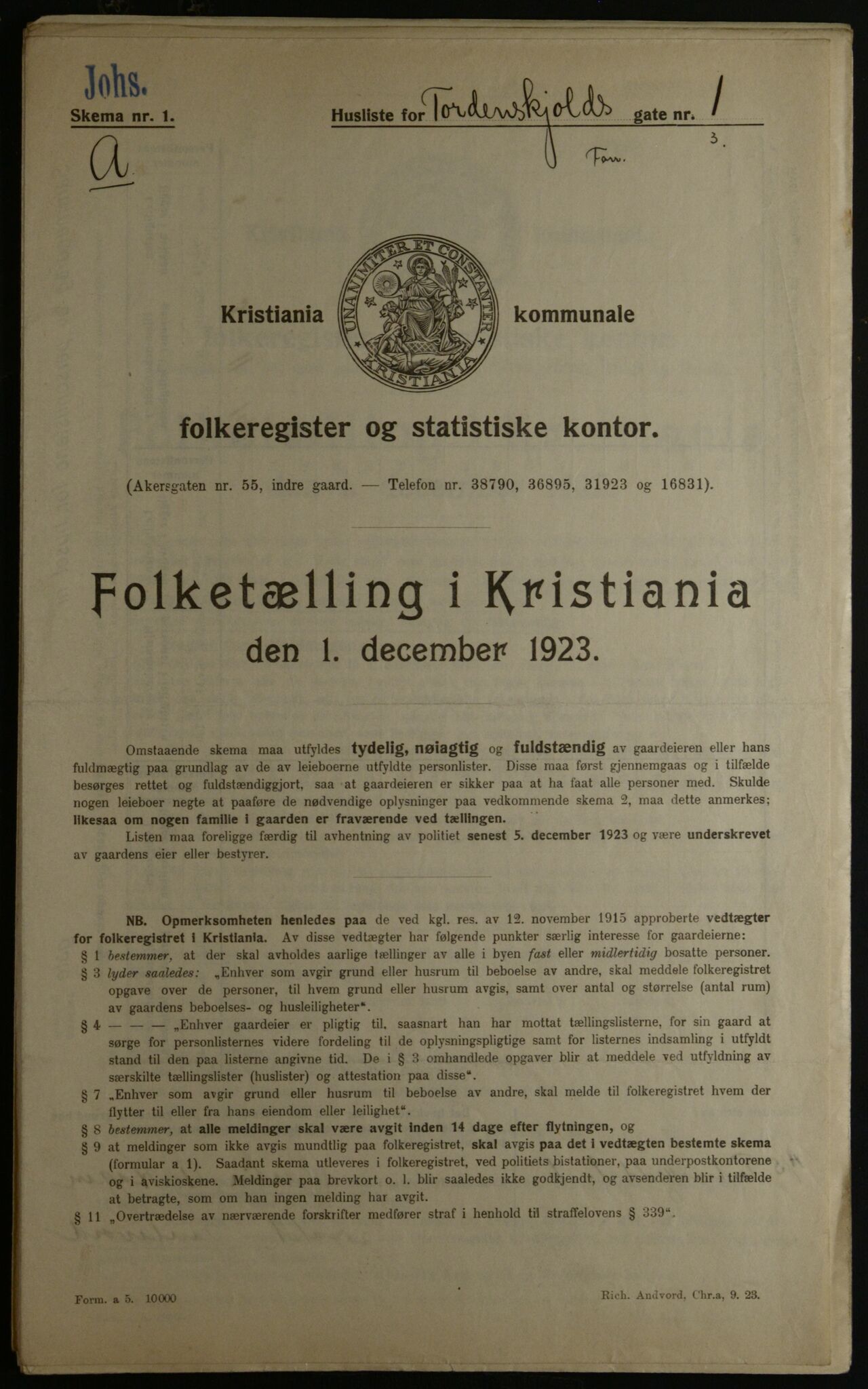 OBA, Kommunal folketelling 1.12.1923 for Kristiania, 1923, s. 125504