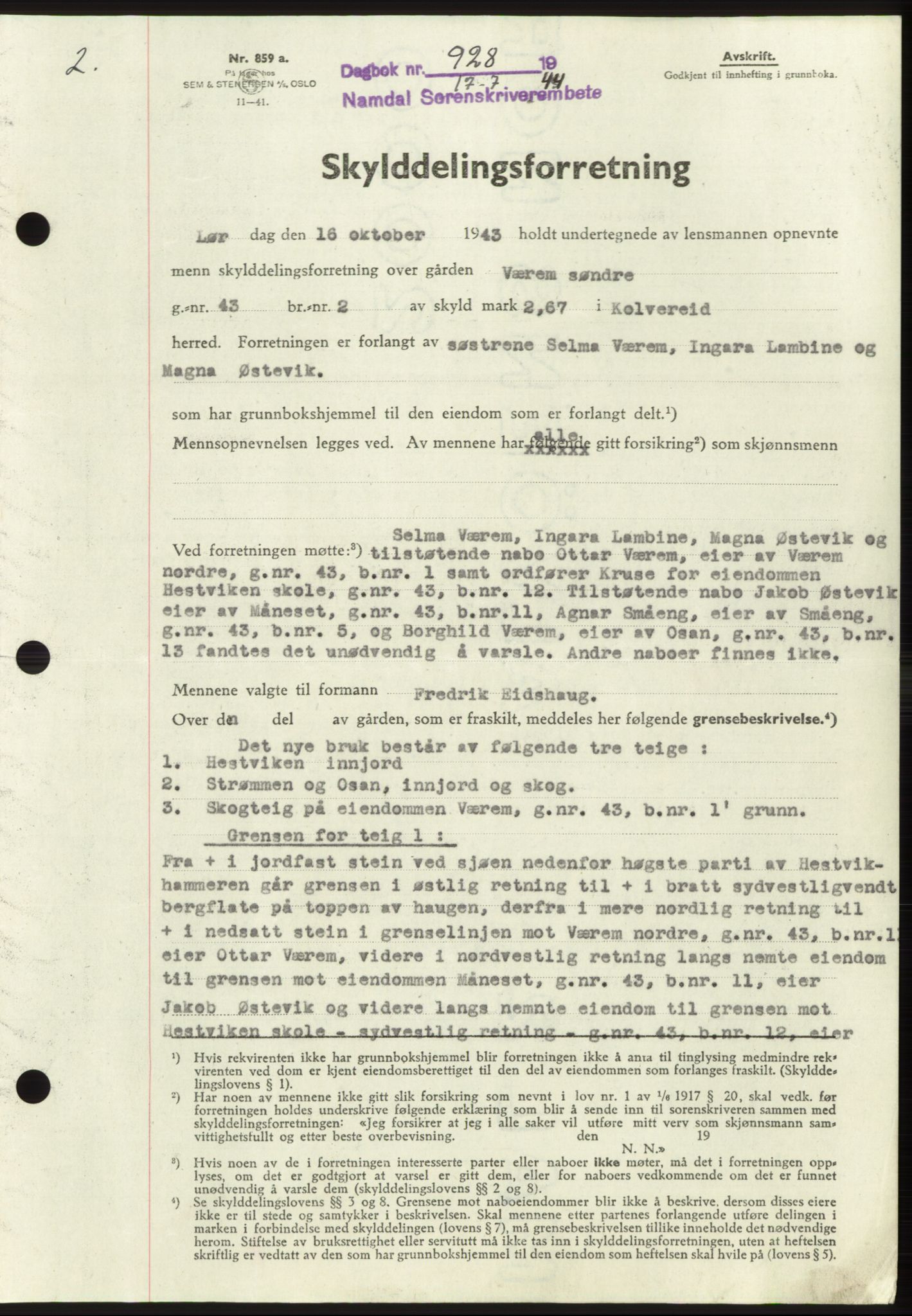 Namdal sorenskriveri, SAT/A-4133/1/2/2C: Pantebok nr. -, 1944-1945, Dagboknr: 928/1944