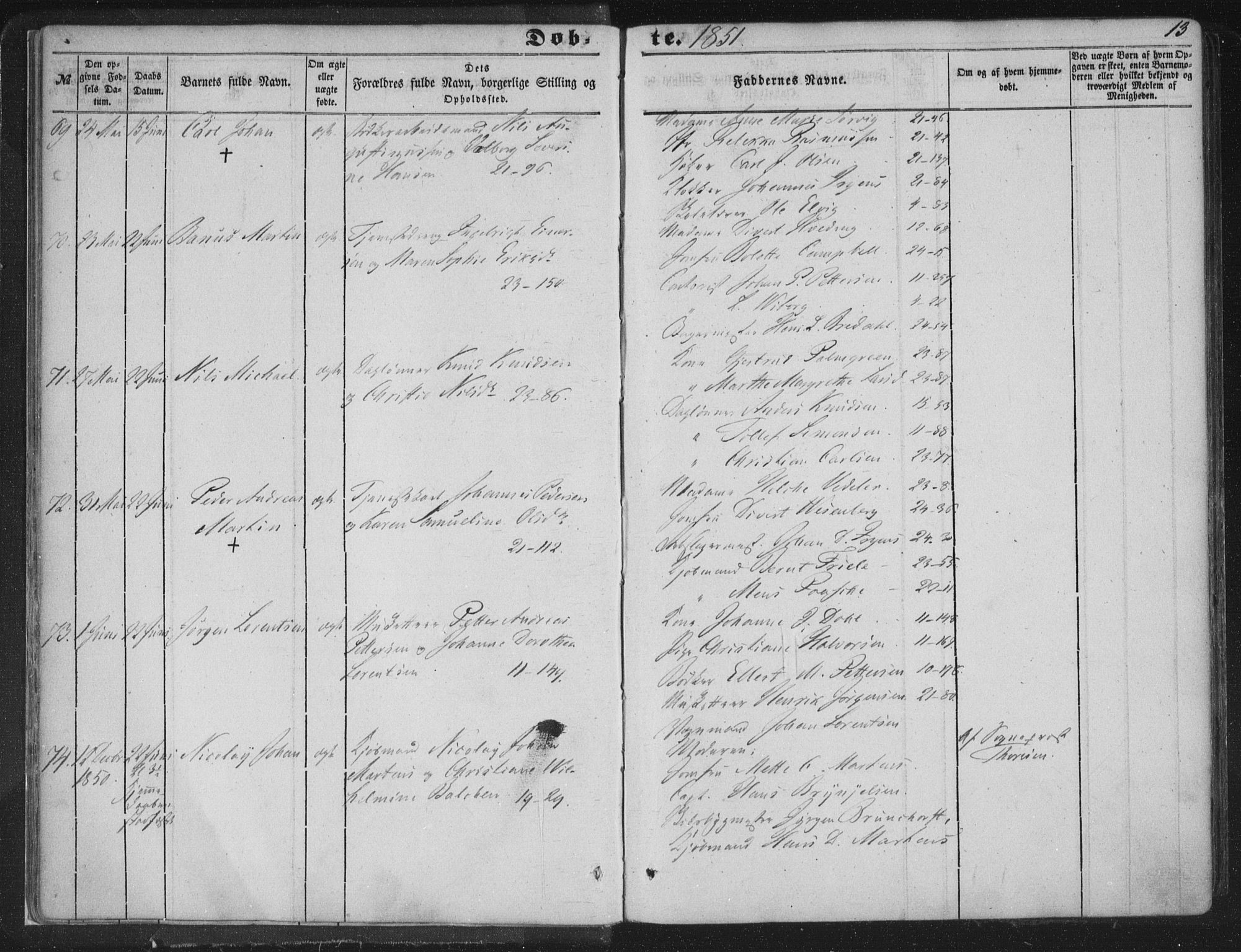 Korskirken sokneprestembete, AV/SAB-A-76101/H/Haa/L0017: Ministerialbok nr. B 3, 1851-1857, s. 13