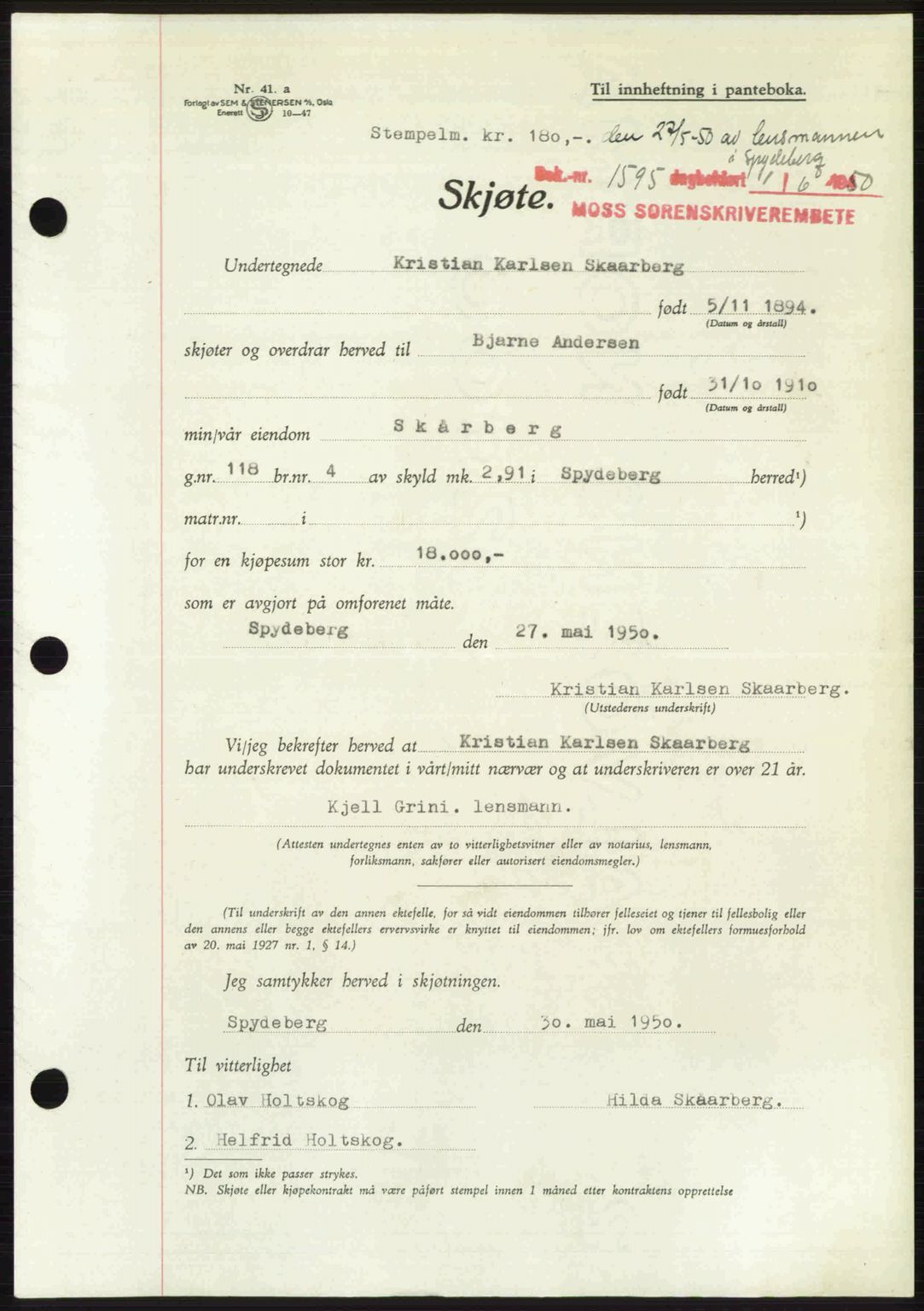 Moss sorenskriveri, SAO/A-10168: Pantebok nr. A26, 1950-1950, Dagboknr: 1595/1950