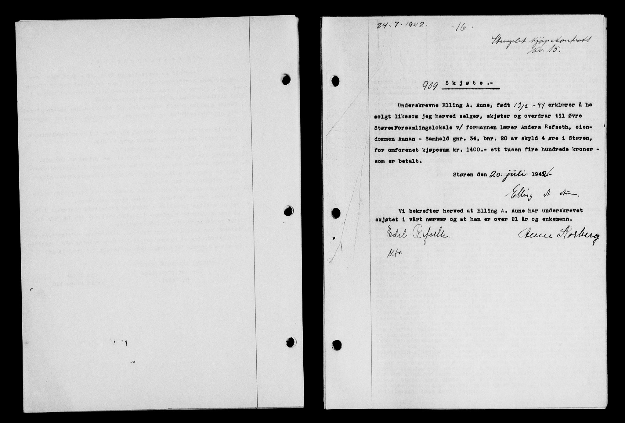Gauldal sorenskriveri, SAT/A-0014/1/2/2C/L0055: Pantebok nr. 60, 1942-1942, Dagboknr: 959/1942
