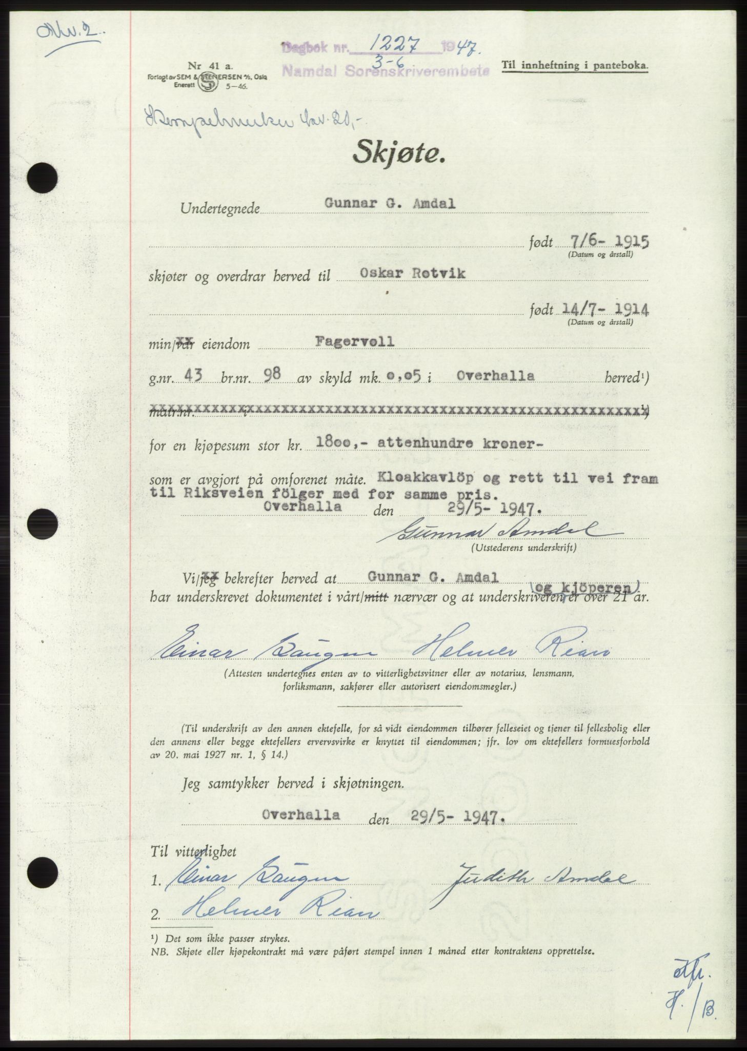 Namdal sorenskriveri, SAT/A-4133/1/2/2C: Pantebok nr. -, 1947-1947, Dagboknr: 1227/1947