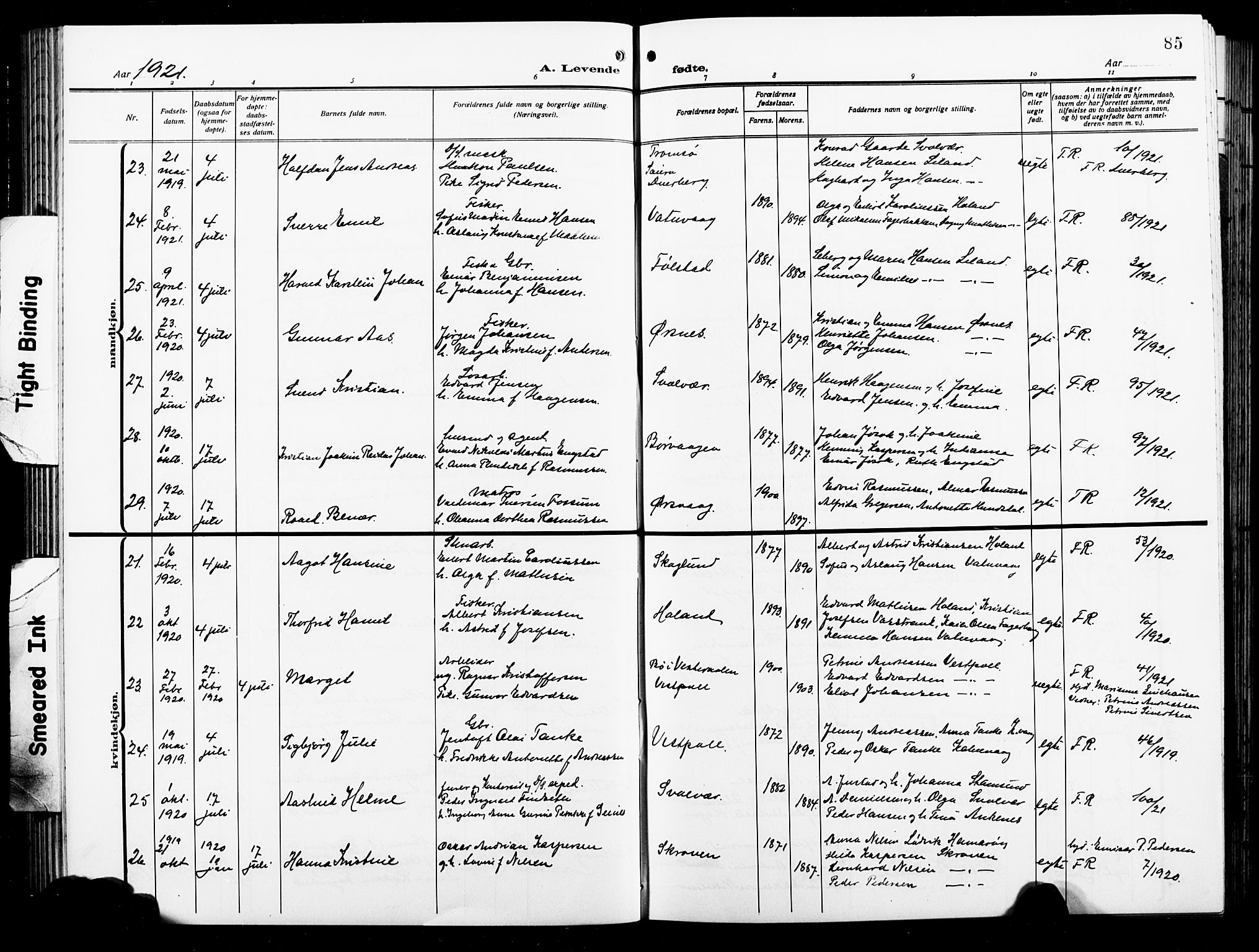 Ministerialprotokoller, klokkerbøker og fødselsregistre - Nordland, AV/SAT-A-1459/874/L1080: Klokkerbok nr. 874C09, 1915-1925, s. 85