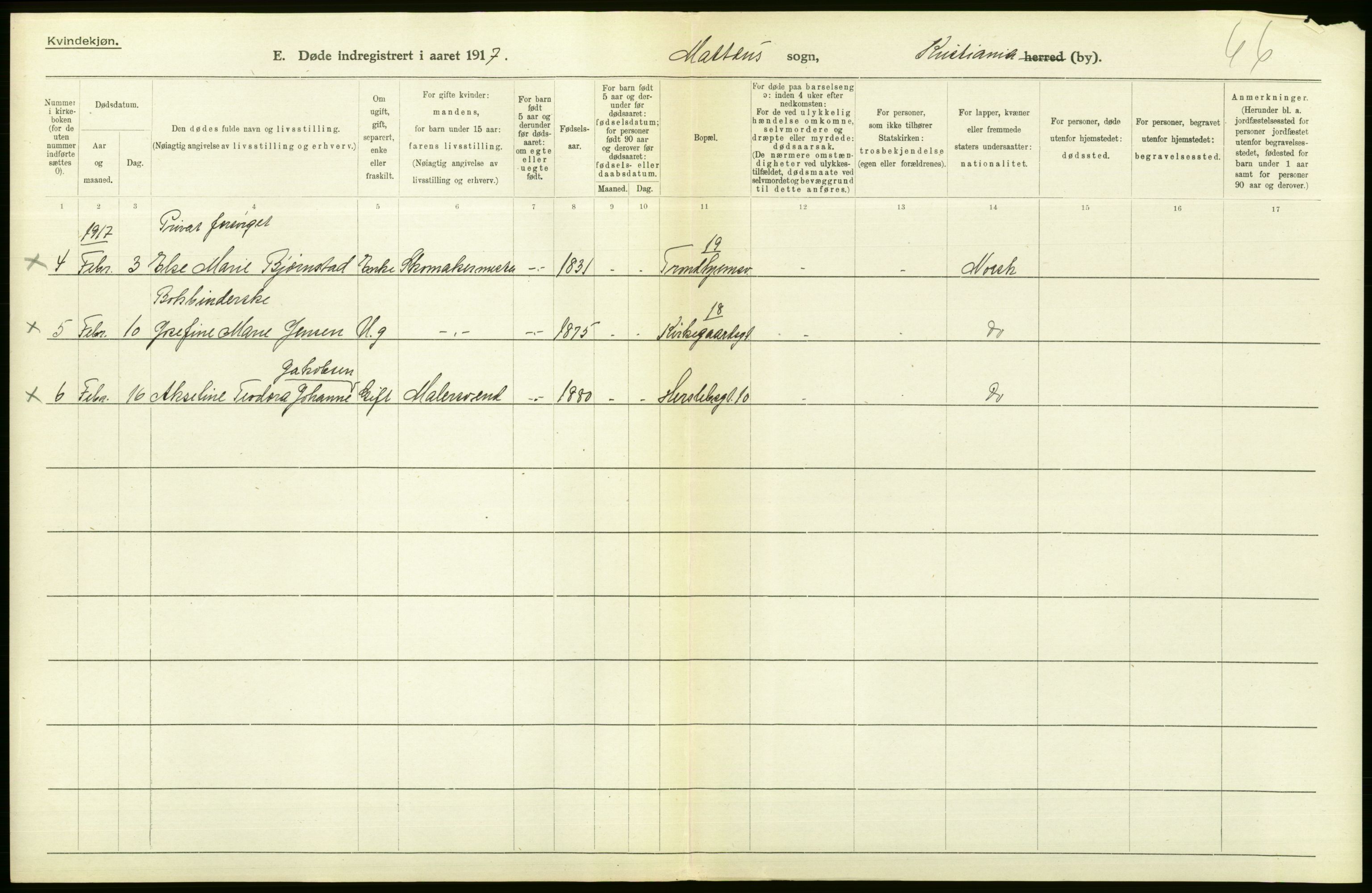 Statistisk sentralbyrå, Sosiodemografiske emner, Befolkning, AV/RA-S-2228/D/Df/Dfb/Dfbg/L0010: Kristiania: Døde, 1917, s. 166