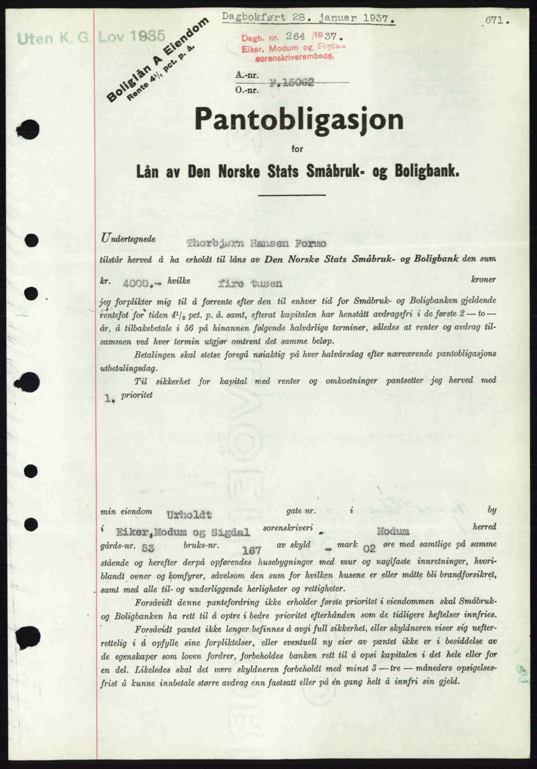 Eiker, Modum og Sigdal sorenskriveri, AV/SAKO-A-123/G/Ga/Gab/L0034: Pantebok nr. A4, 1936-1937, Dagboknr: 264/1937