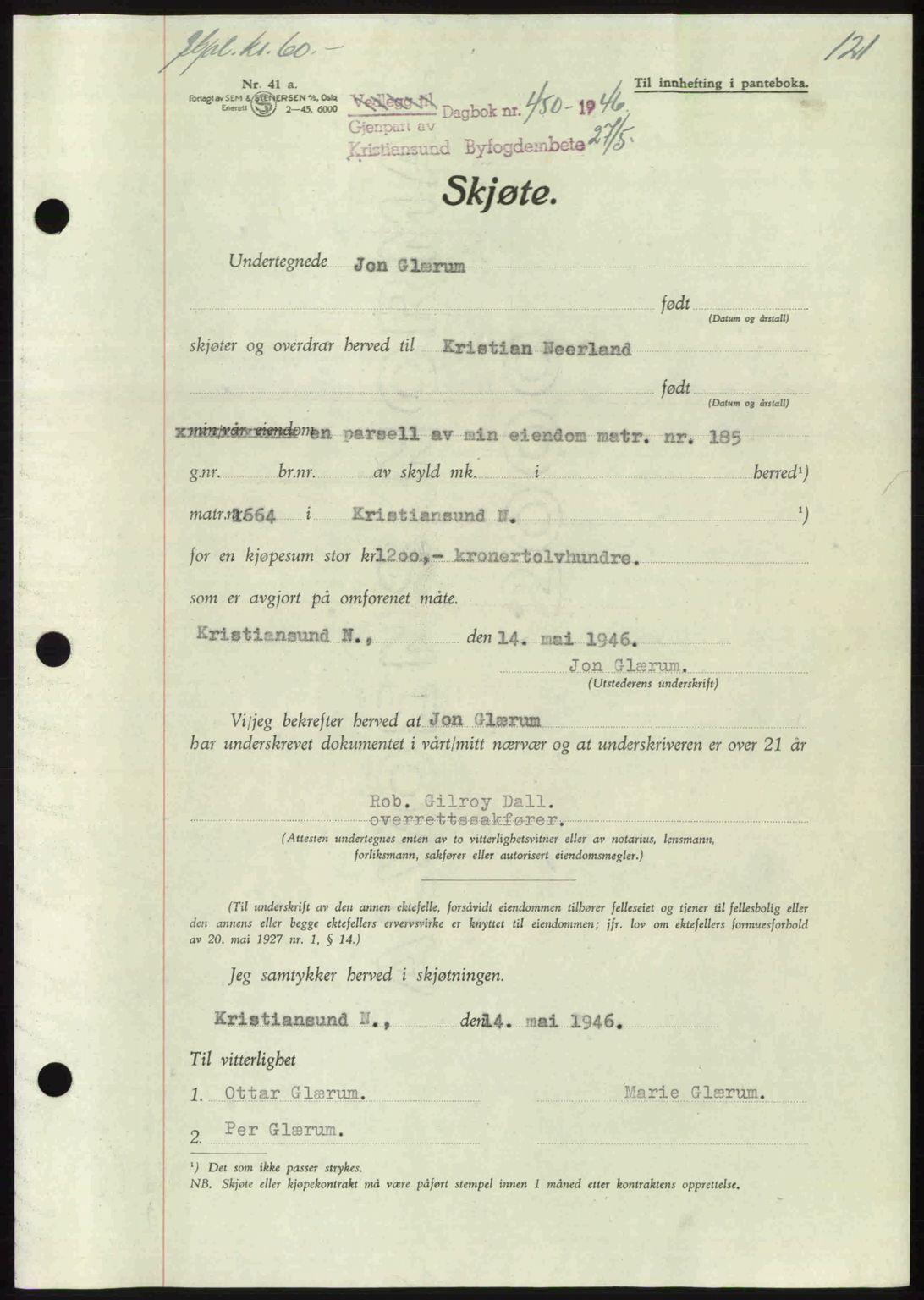 Kristiansund byfogd, AV/SAT-A-4587/A/27: Pantebok nr. 39b, 1946-1947, Dagboknr: 450/1946