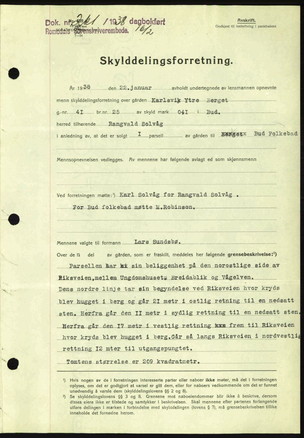 Romsdal sorenskriveri, SAT/A-4149/1/2/2C: Pantebok nr. A4, 1937-1938, Dagboknr: 261/1938