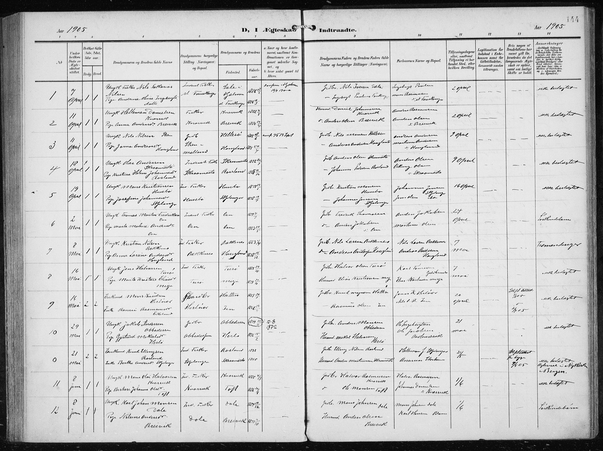 Herdla Sokneprestembete, AV/SAB-A-75701/H/Haa: Ministerialbok nr. A 5, 1905-1918, s. 144