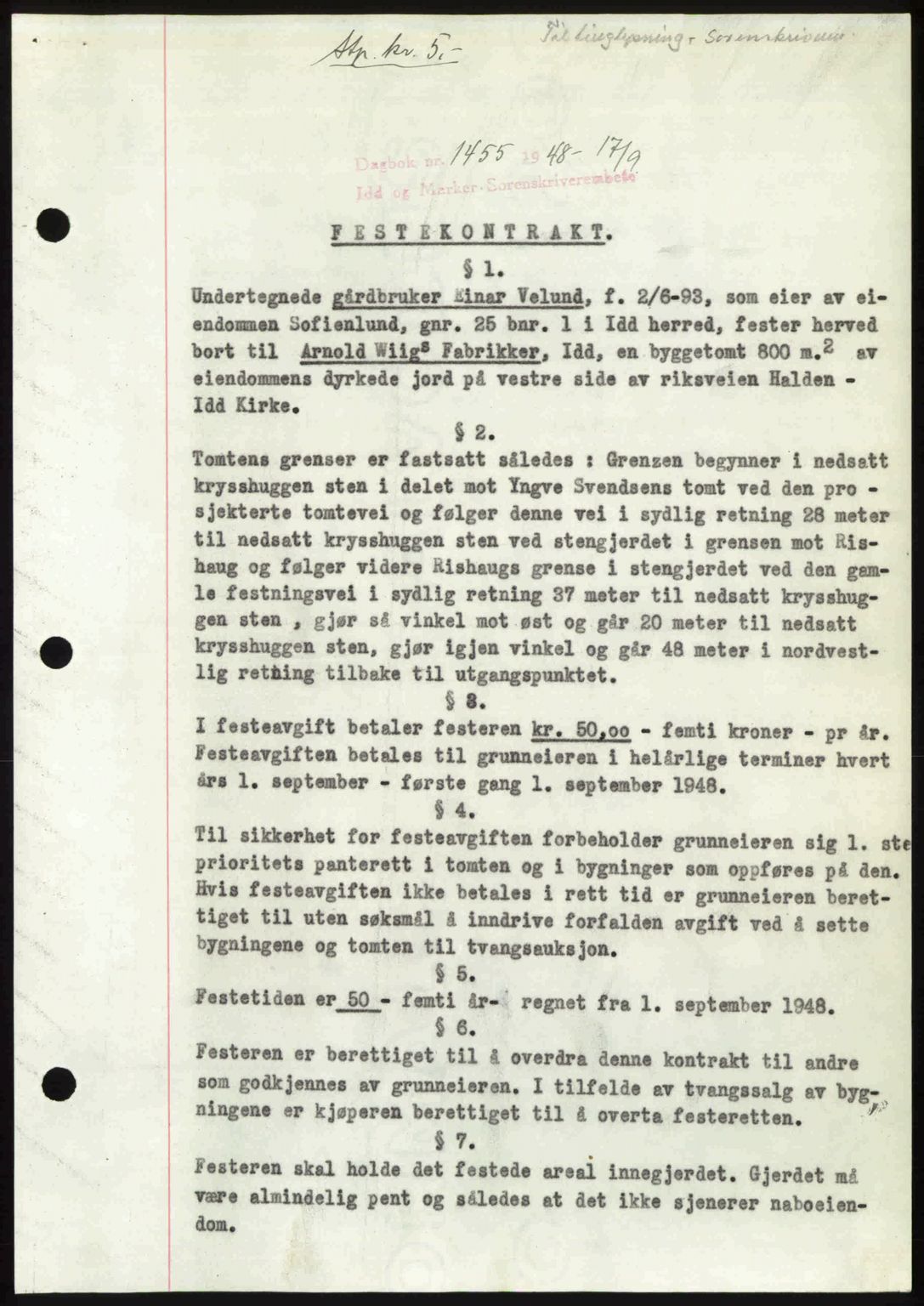 Idd og Marker sorenskriveri, SAO/A-10283/G/Gb/Gbb/L0011: Pantebok nr. A11, 1948-1949, Dagboknr: 1455/1948