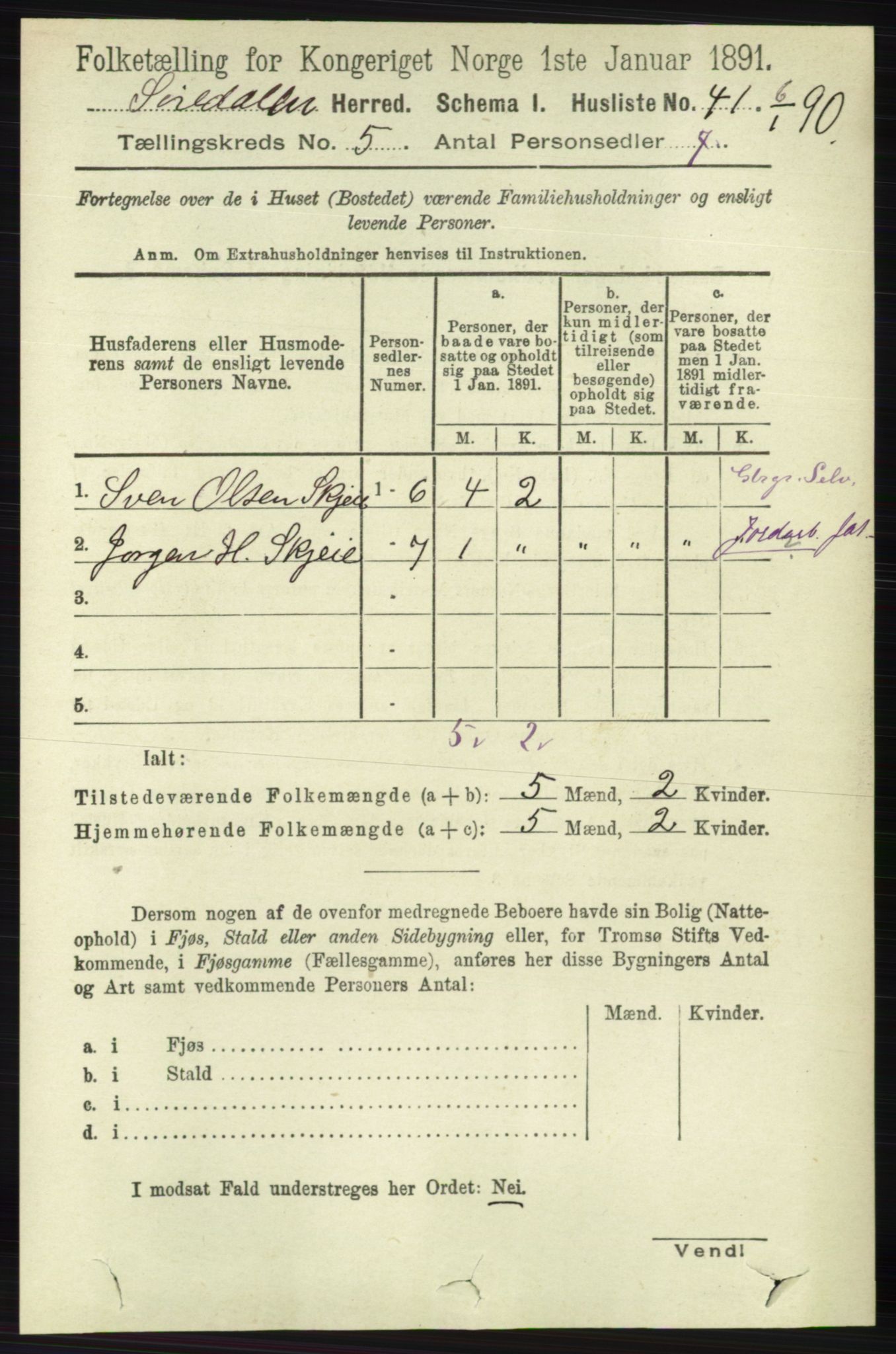 RA, Folketelling 1891 for 1046 Sirdal herred, 1891, s. 1297