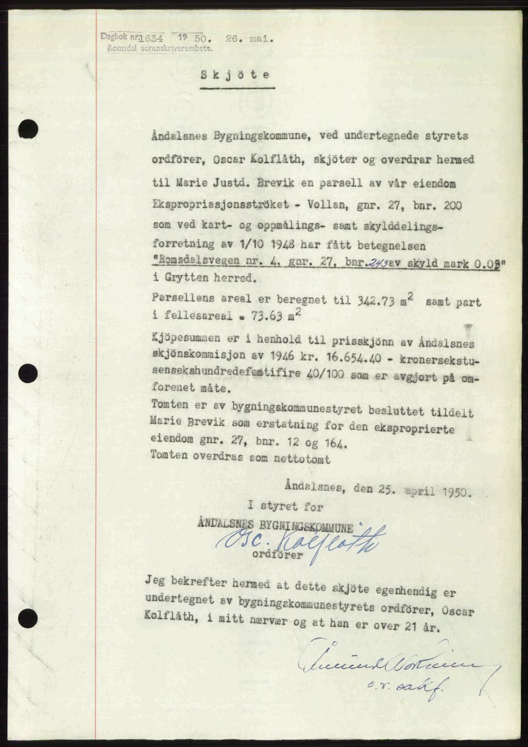 Romsdal sorenskriveri, SAT/A-4149/1/2/2C: Pantebok nr. A33, 1950-1950, Dagboknr: 1634/1950