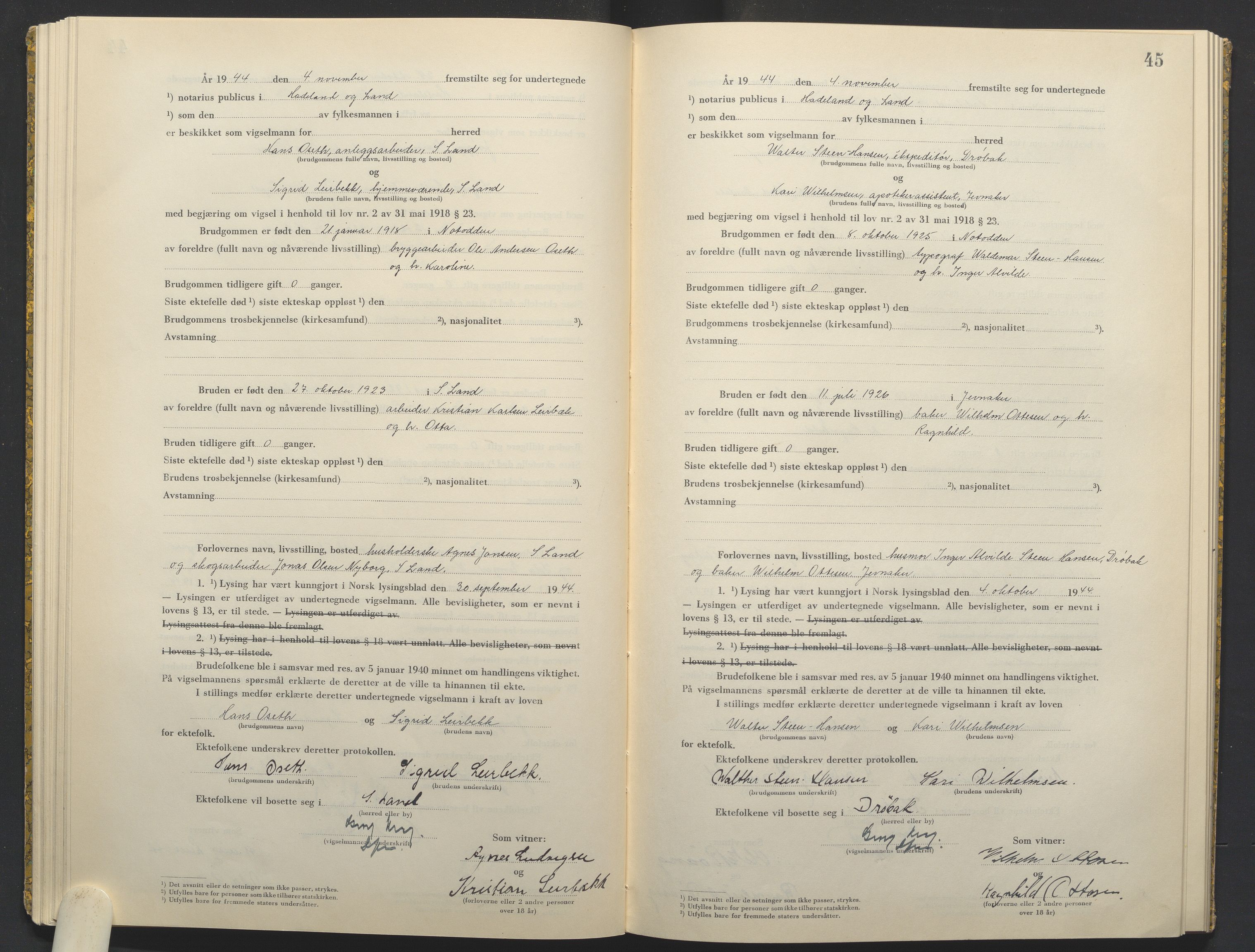 Hadeland og Land tingrett, AV/SAH-TING-010/L/Lb/L0003: Vigselbok, 1944-1946, s. 45