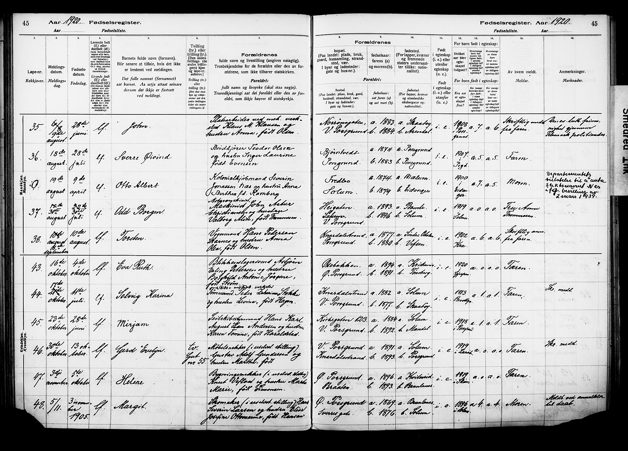 Porsgrunn kirkebøker , AV/SAKO-A-104/J/Ja/L0001: Fødselsregister nr. 1, 1916-1929, s. 45