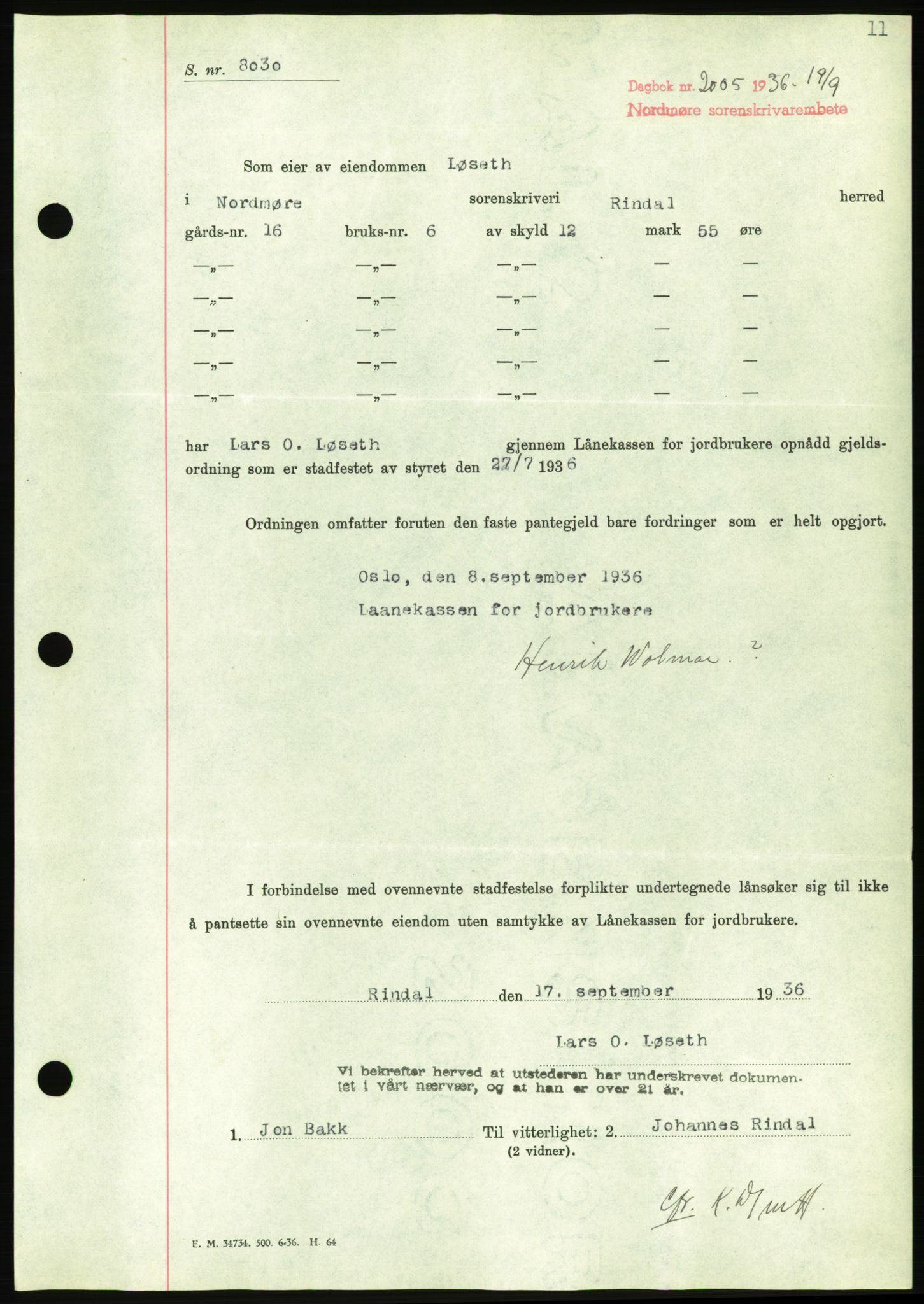 Nordmøre sorenskriveri, AV/SAT-A-4132/1/2/2Ca/L0090: Pantebok nr. B80, 1936-1937, Dagboknr: 2005/1936