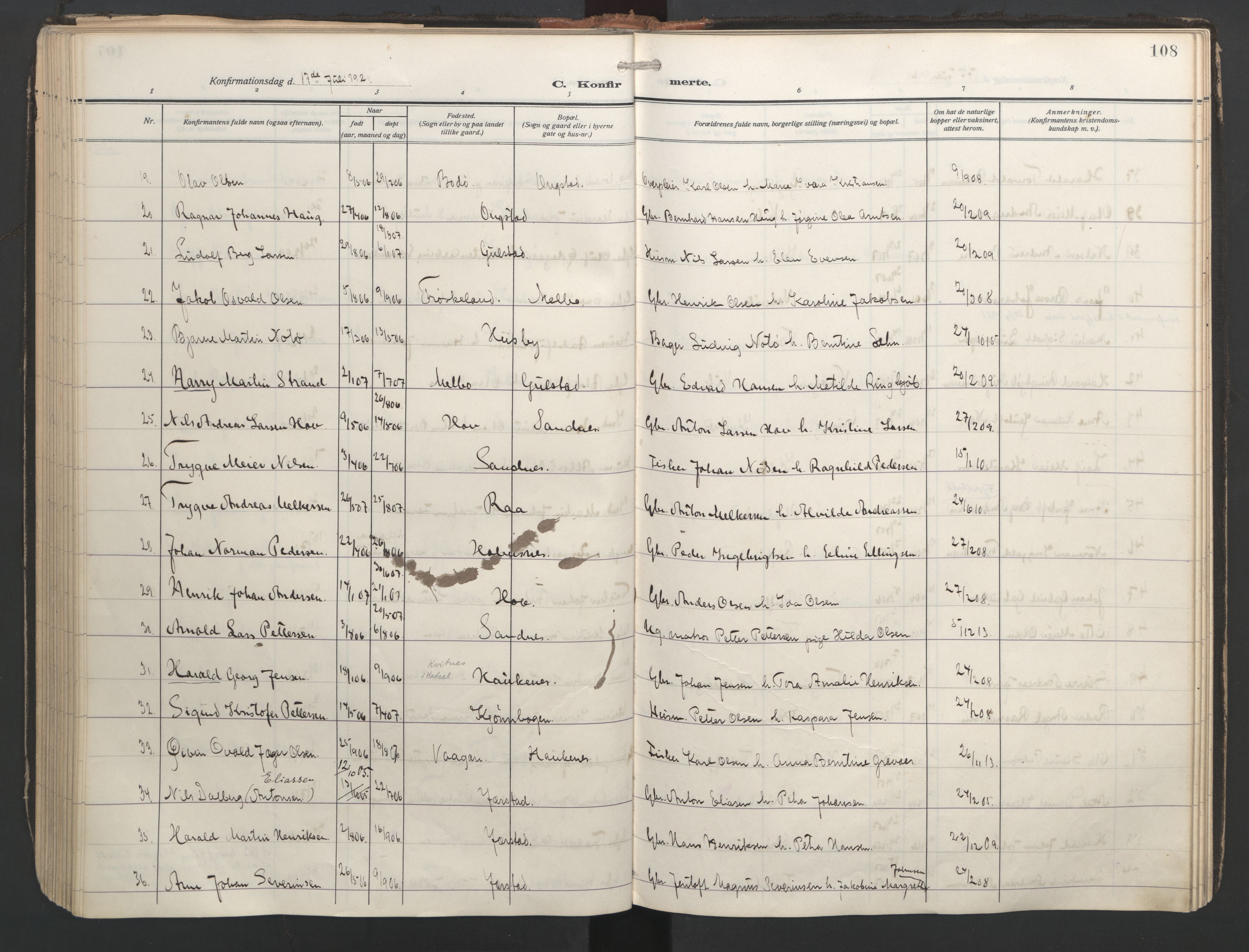 Ministerialprotokoller, klokkerbøker og fødselsregistre - Nordland, AV/SAT-A-1459/888/L1249: Ministerialbok nr. 888A15, 1911-1929, s. 108