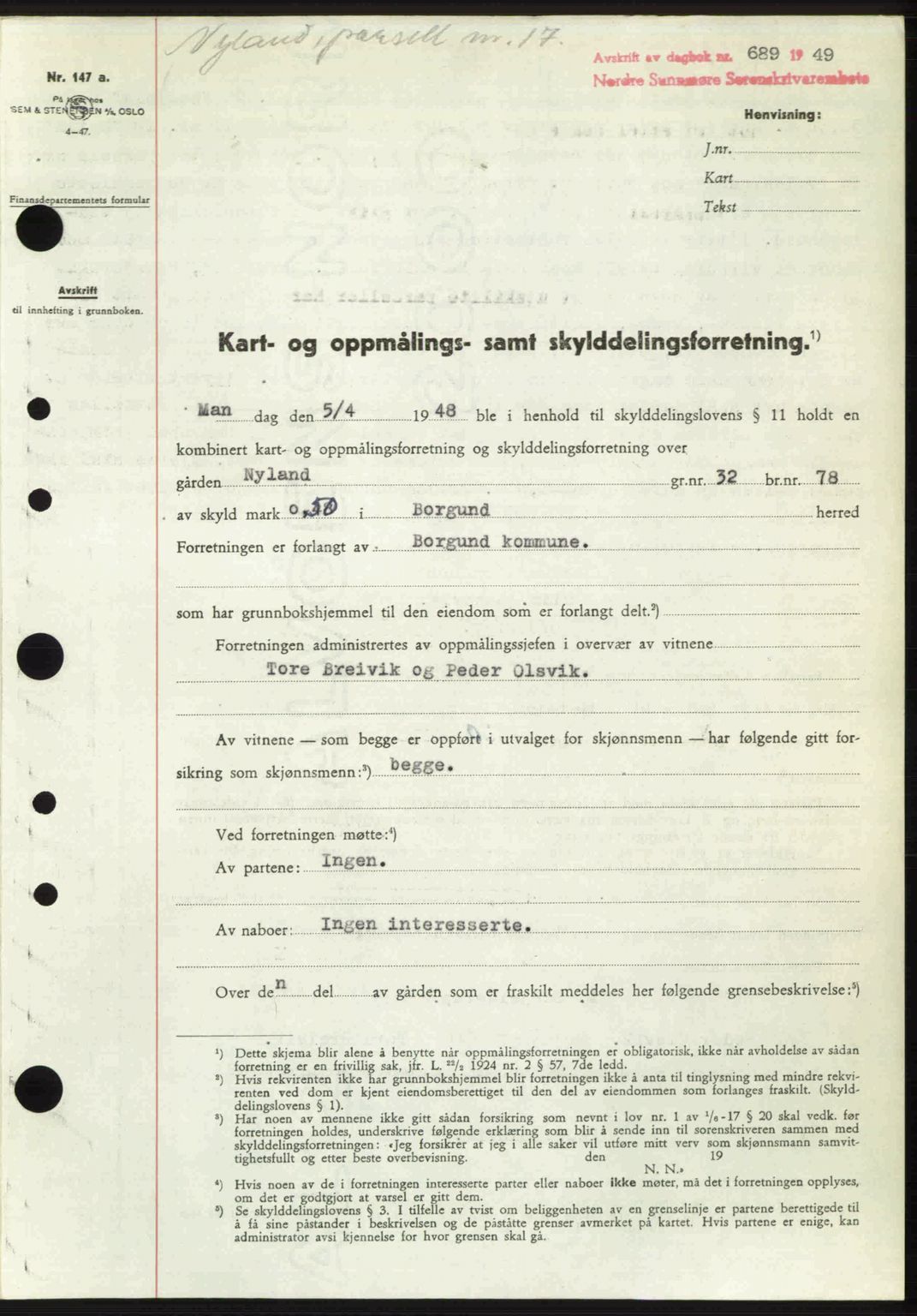 Nordre Sunnmøre sorenskriveri, SAT/A-0006/1/2/2C/2Ca: Pantebok nr. A30, 1949-1949, Dagboknr: 689/1949