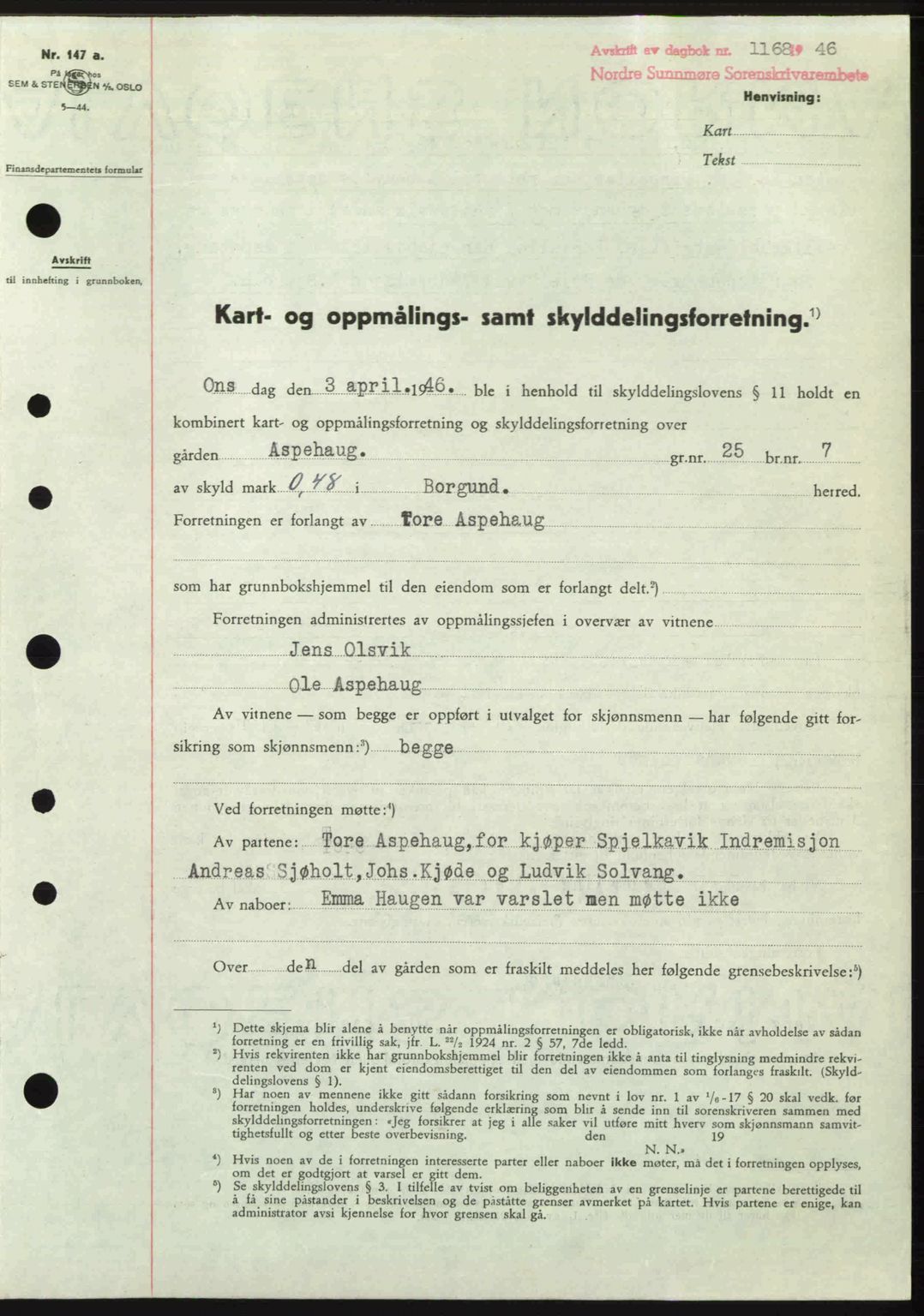 Nordre Sunnmøre sorenskriveri, SAT/A-0006/1/2/2C/2Ca: Pantebok nr. A22, 1946-1946, Dagboknr: 1168/1946