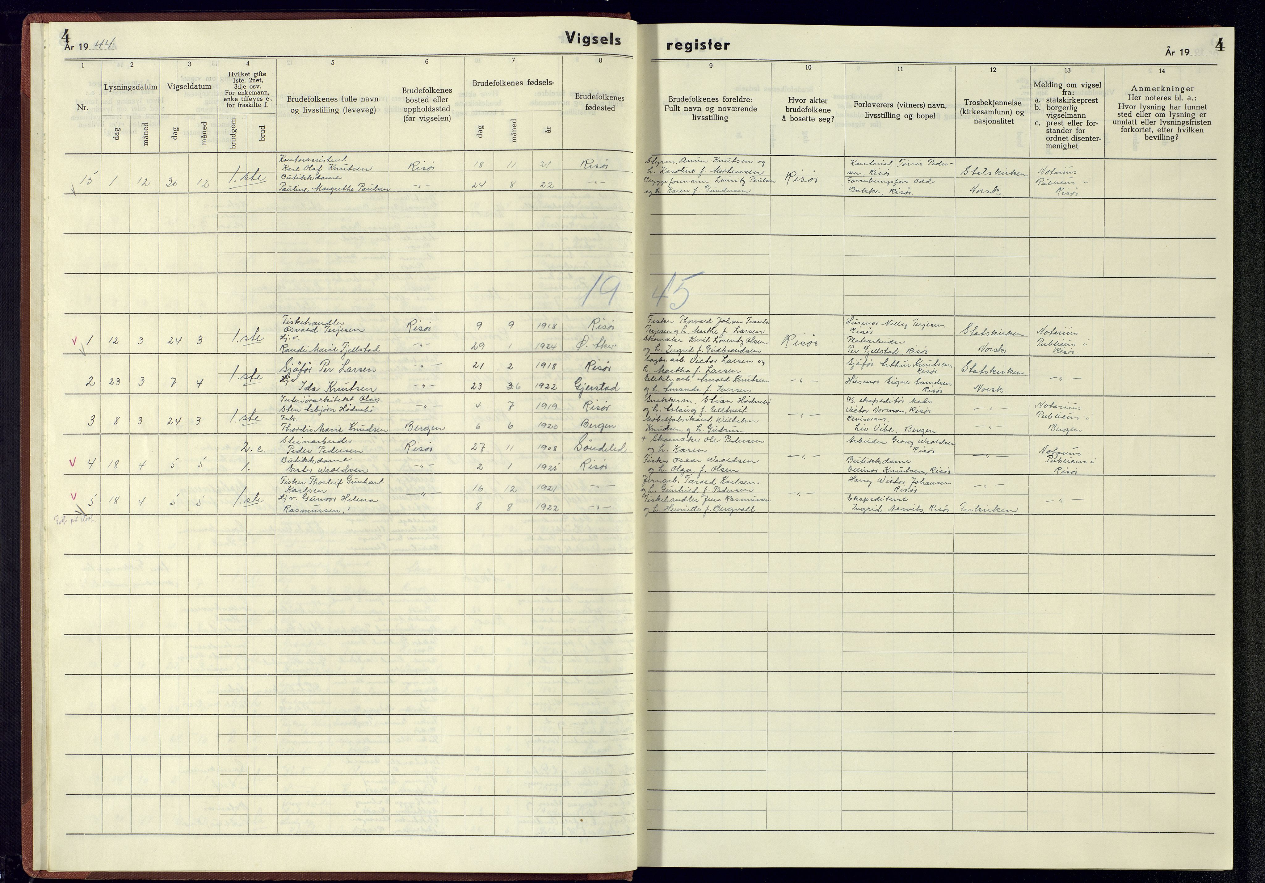 Risør sokneprestkontor, AV/SAK-1111-0035/J/Jb/L0003: Vigselsregister nr. A-VI-9, 1942-1945, s. 4