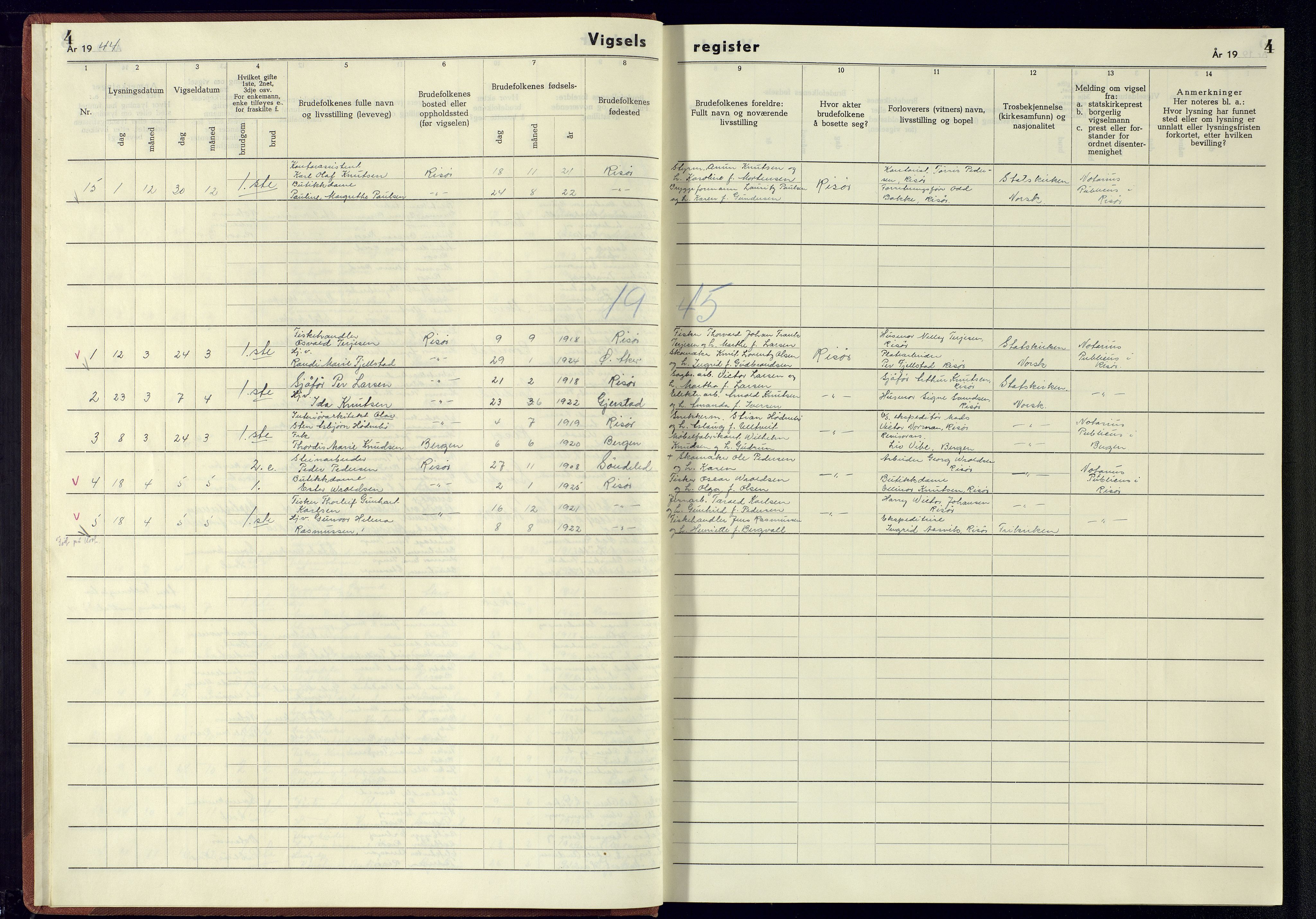 Risør sokneprestkontor, SAK/1111-0035/J/Jb/L0003: Vigselsregister nr. A-VI-9, 1942-1945, s. 4