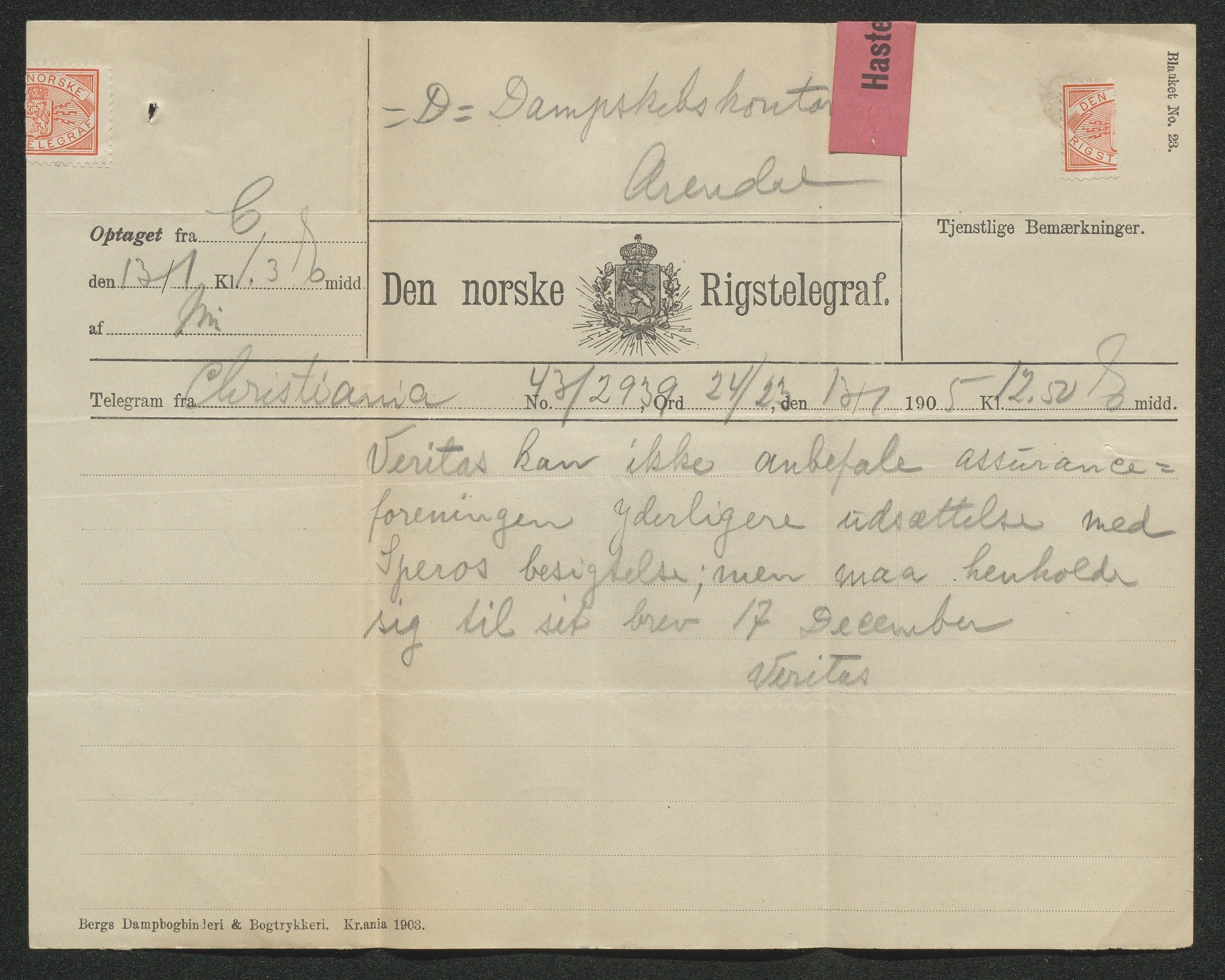 Arendals Dampskibsselskab (ADS), AAKS/PA-1716/1/15/L0018: Skipspapirer D/S Spero, 1898-1904