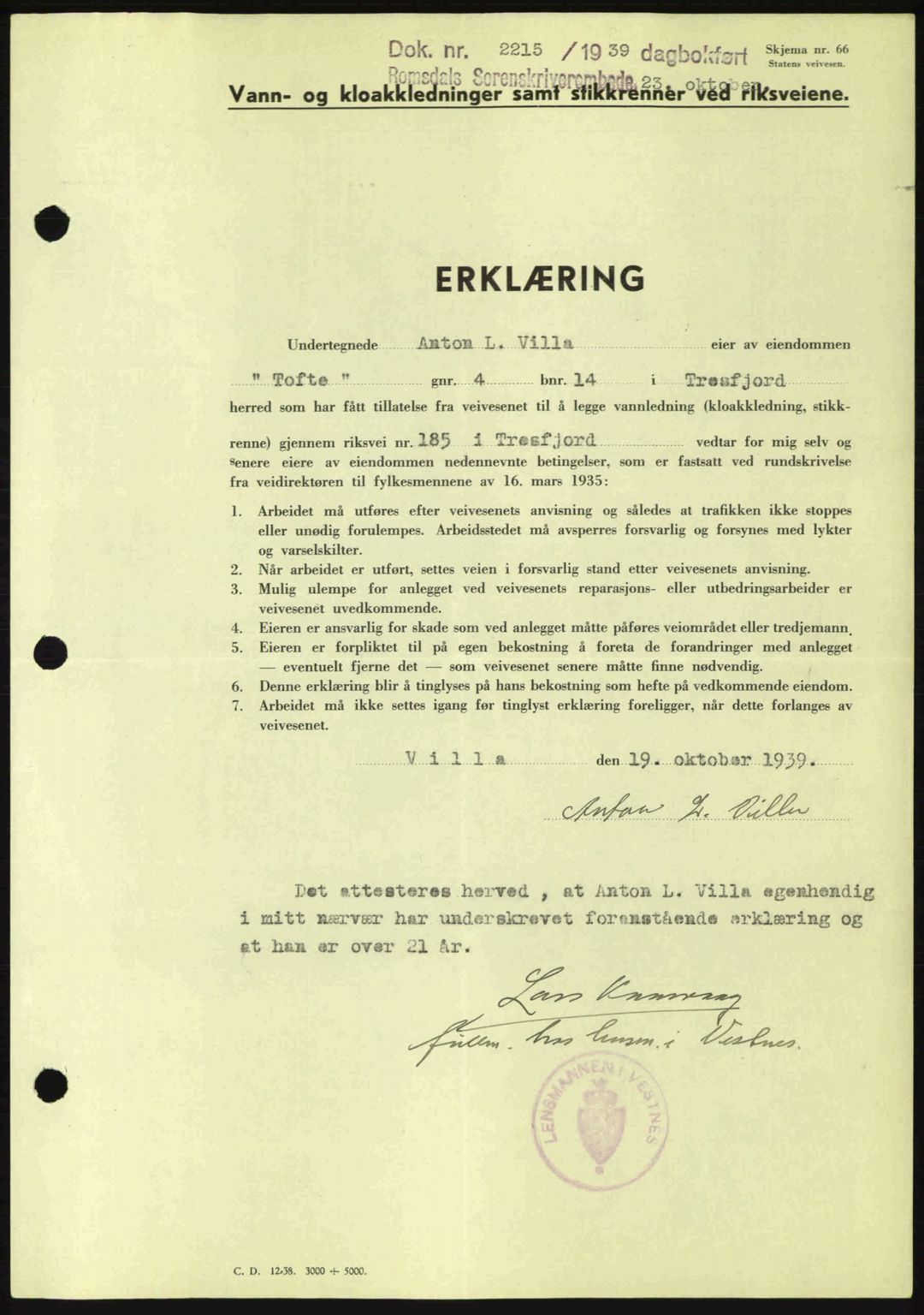 Romsdal sorenskriveri, AV/SAT-A-4149/1/2/2C: Pantebok nr. A7, 1939-1939, Dagboknr: 2215/1939