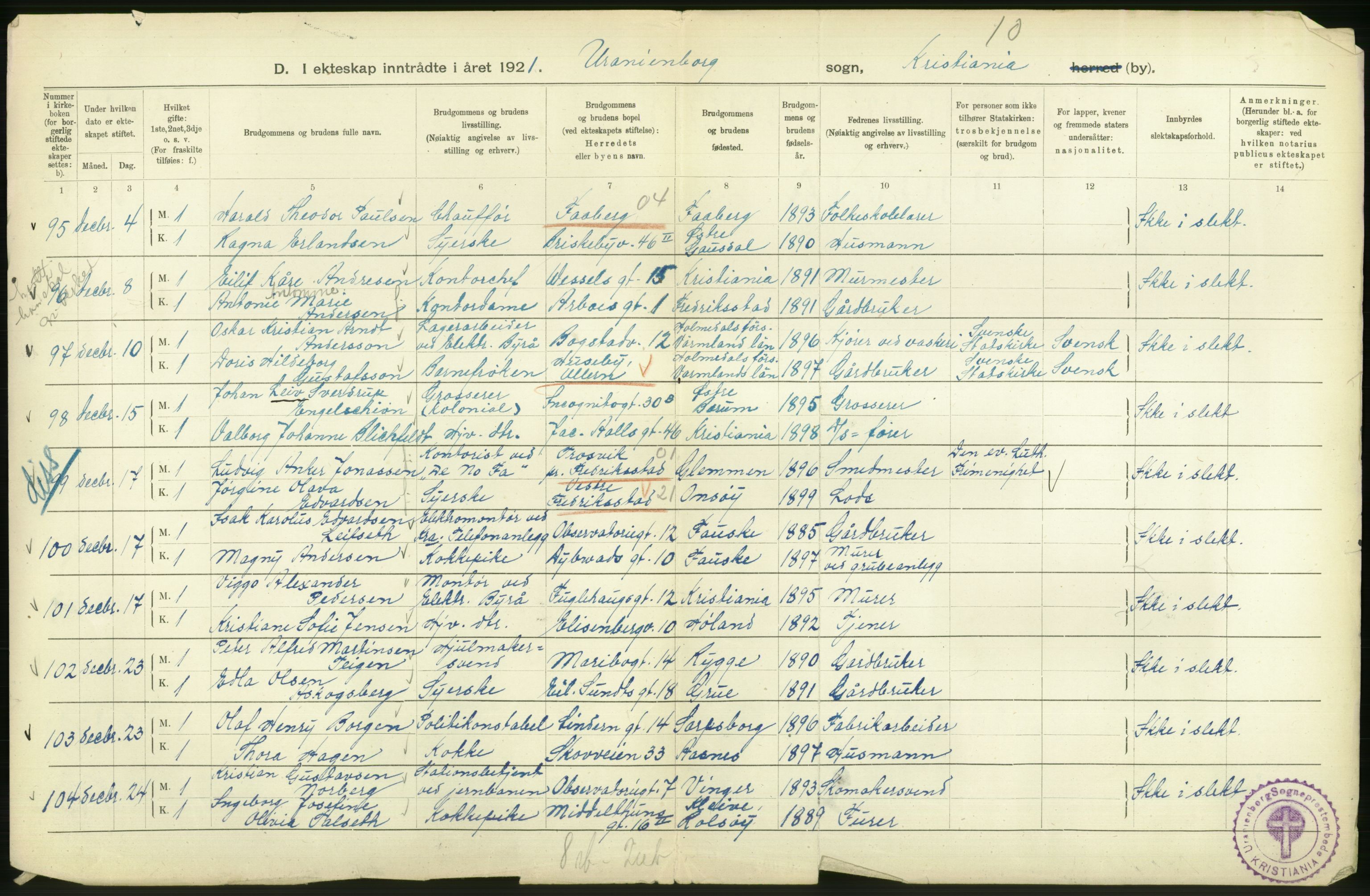 Statistisk sentralbyrå, Sosiodemografiske emner, Befolkning, AV/RA-S-2228/D/Df/Dfc/Dfca/L0011: Kristiania: Gifte, 1921, s. 252