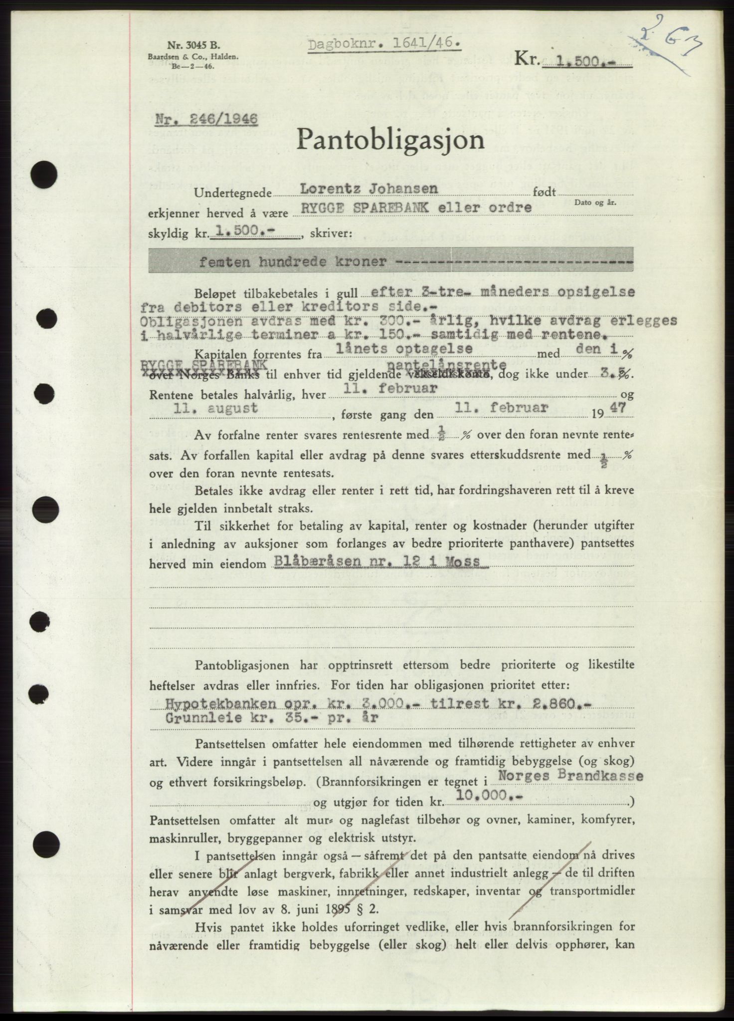 Moss sorenskriveri, SAO/A-10168: Pantebok nr. B15, 1946-1946, Dagboknr: 1641/1946