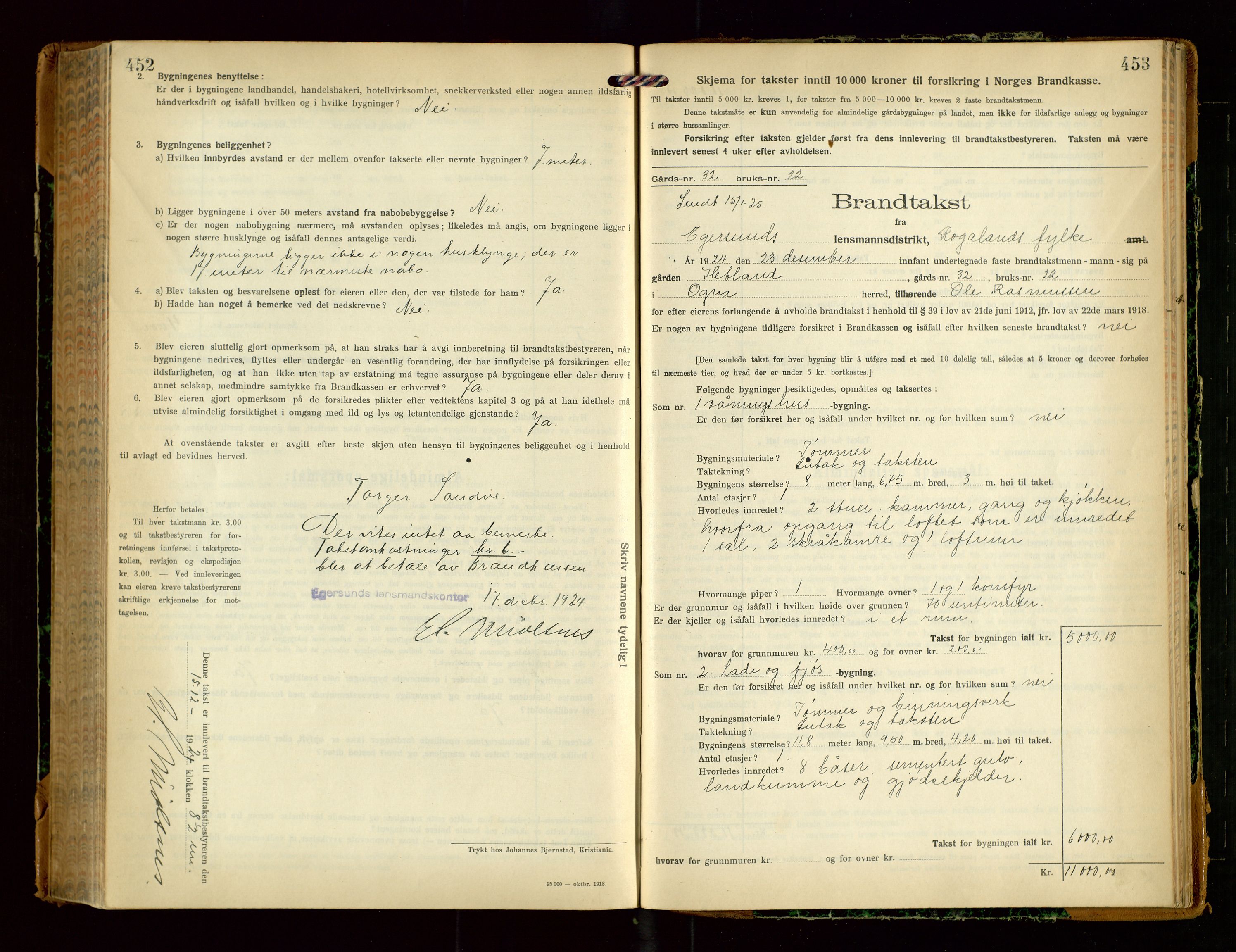 Eigersund lensmannskontor, SAST/A-100171/Gob/L0004: "Branntakstprotokoll", 1921-1925, s. 452-453