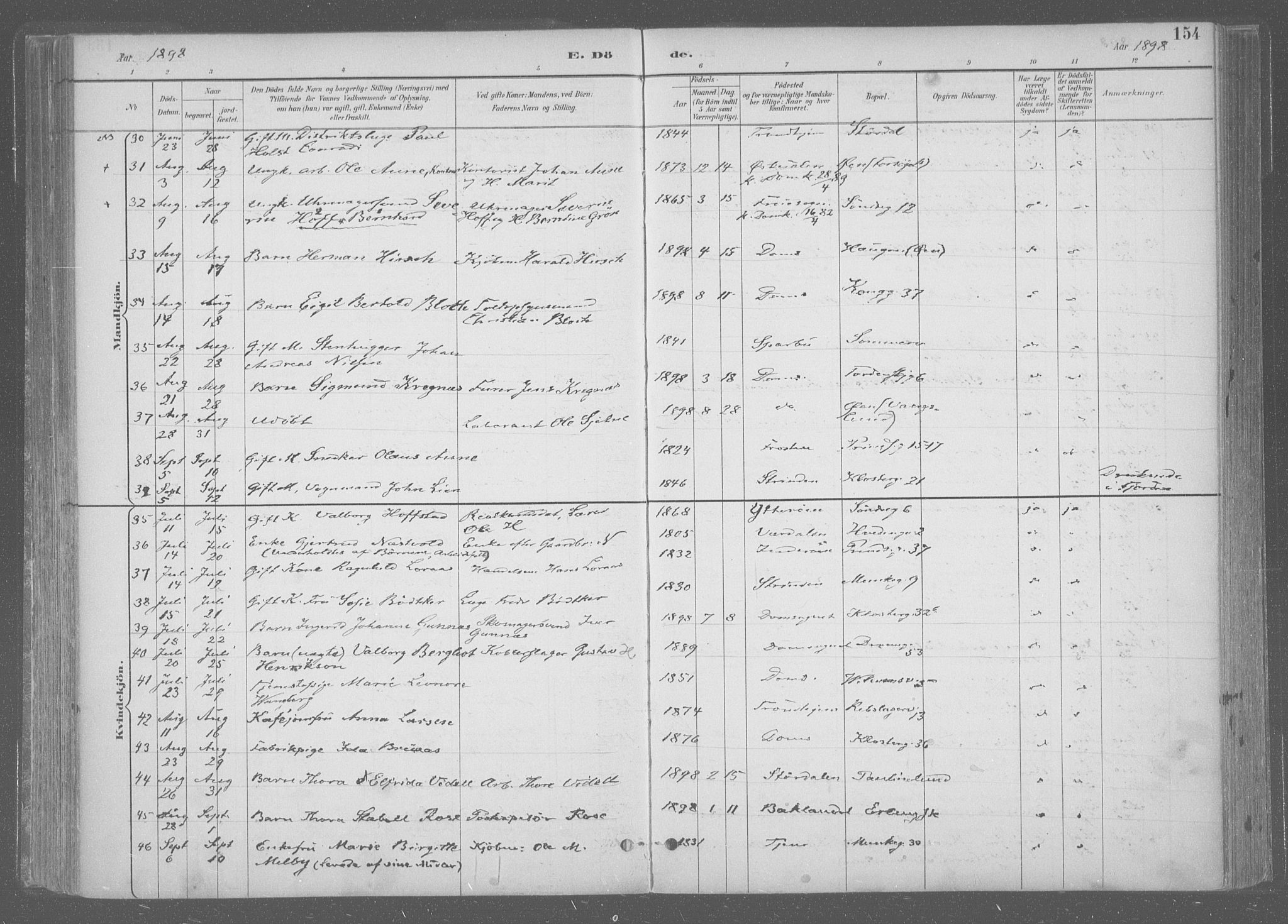 Ministerialprotokoller, klokkerbøker og fødselsregistre - Sør-Trøndelag, SAT/A-1456/601/L0064: Ministerialbok nr. 601A31, 1891-1911, s. 154