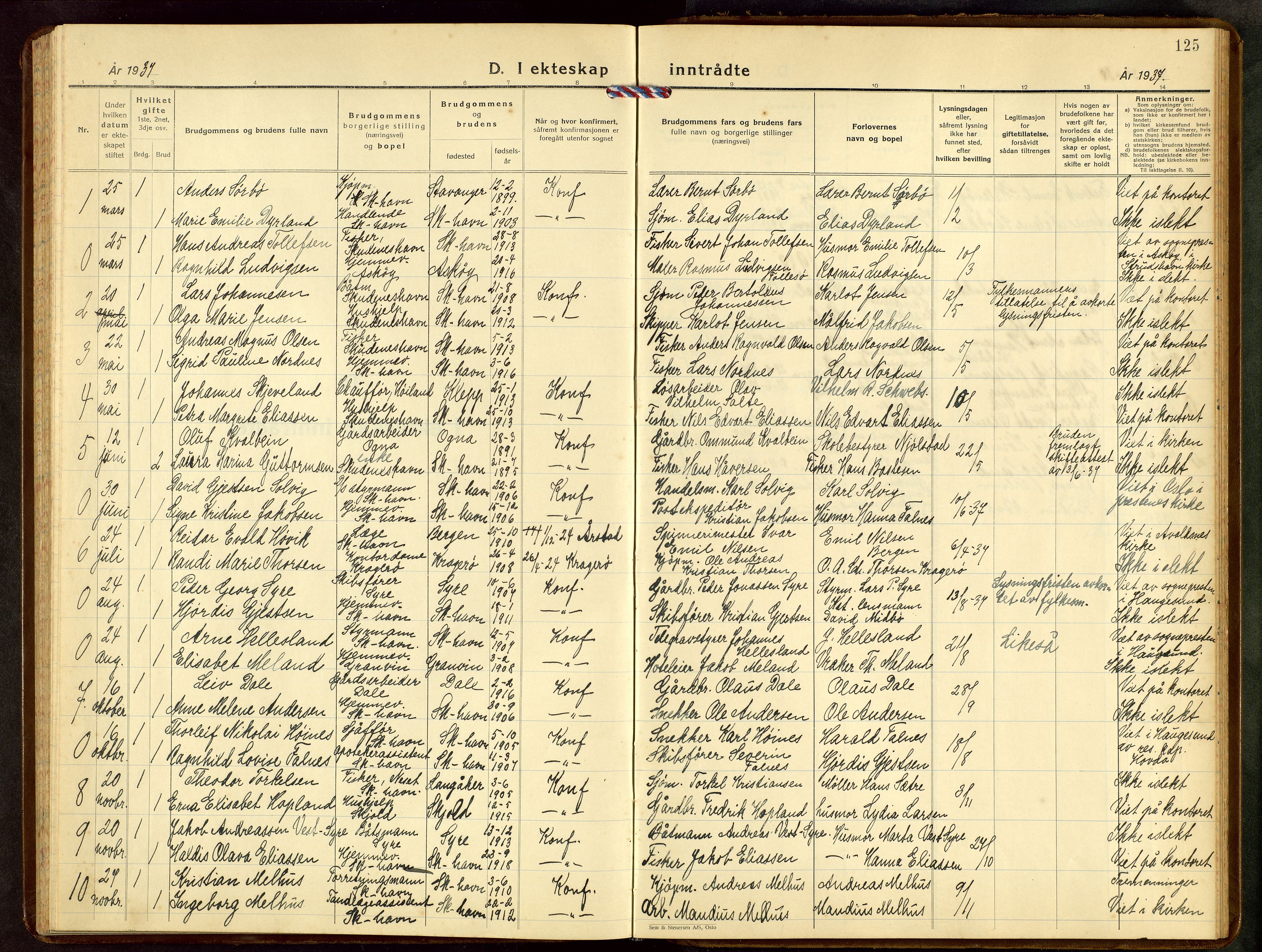 Skudenes sokneprestkontor, AV/SAST-A -101849/H/Ha/Hab/L0014: Klokkerbok nr. B 14, 1937-1956, s. 125