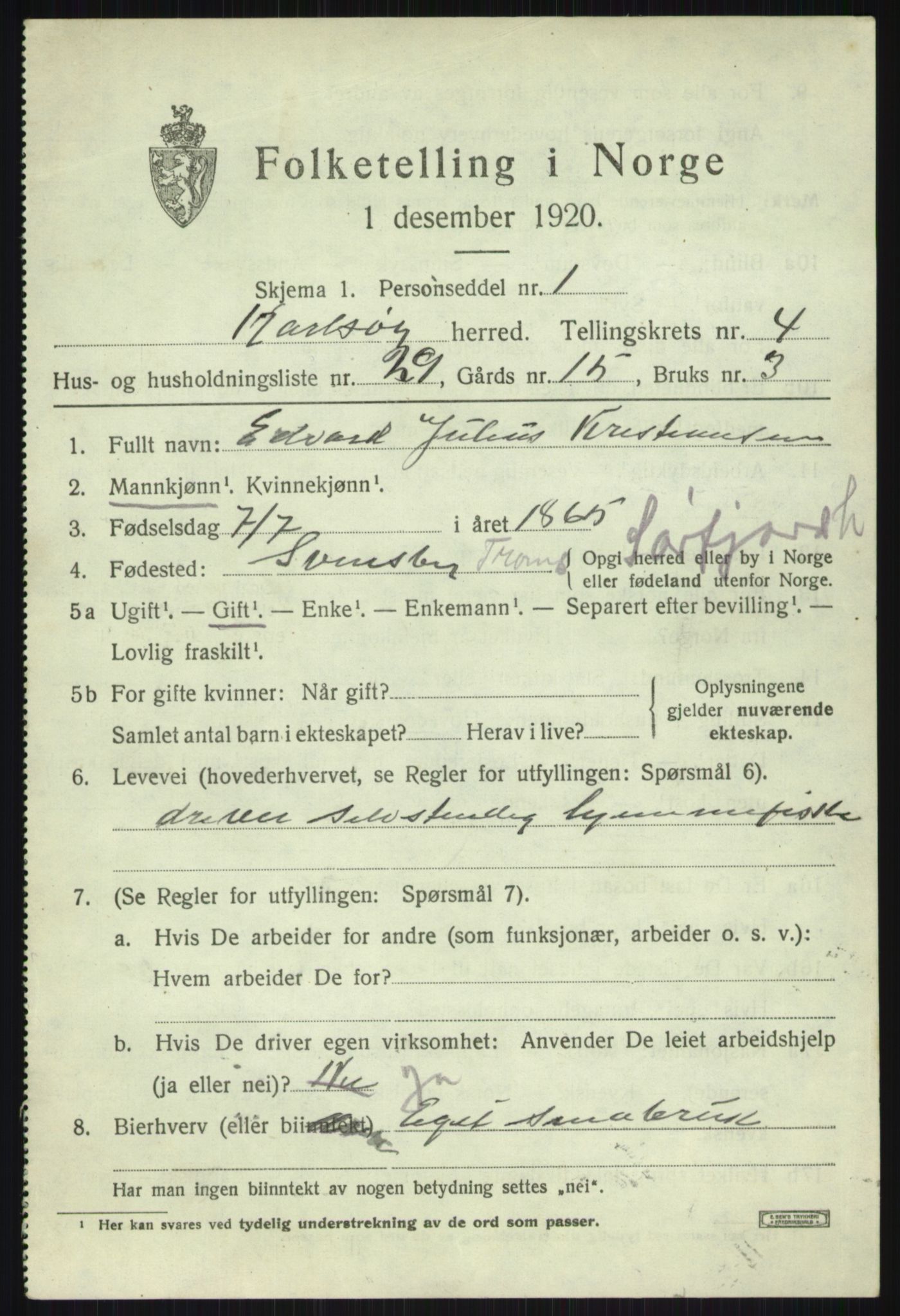SATØ, Folketelling 1920 for 1936 Karlsøy herred, 1920, s. 2067