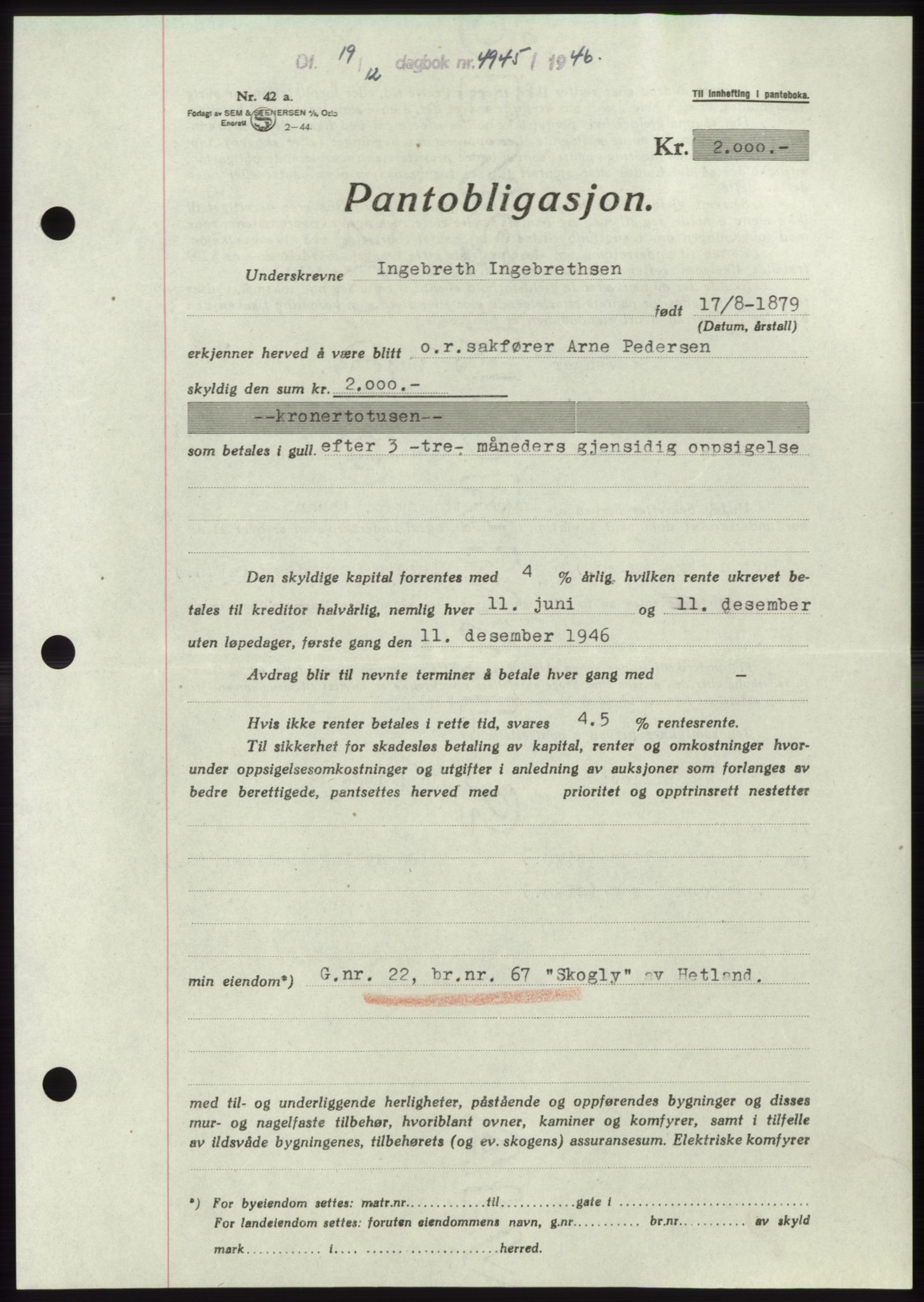 Jæren sorenskriveri, SAST/A-100310/03/G/Gba/L0092: Pantebok, 1946-1946, Dagboknr: 4945/1946