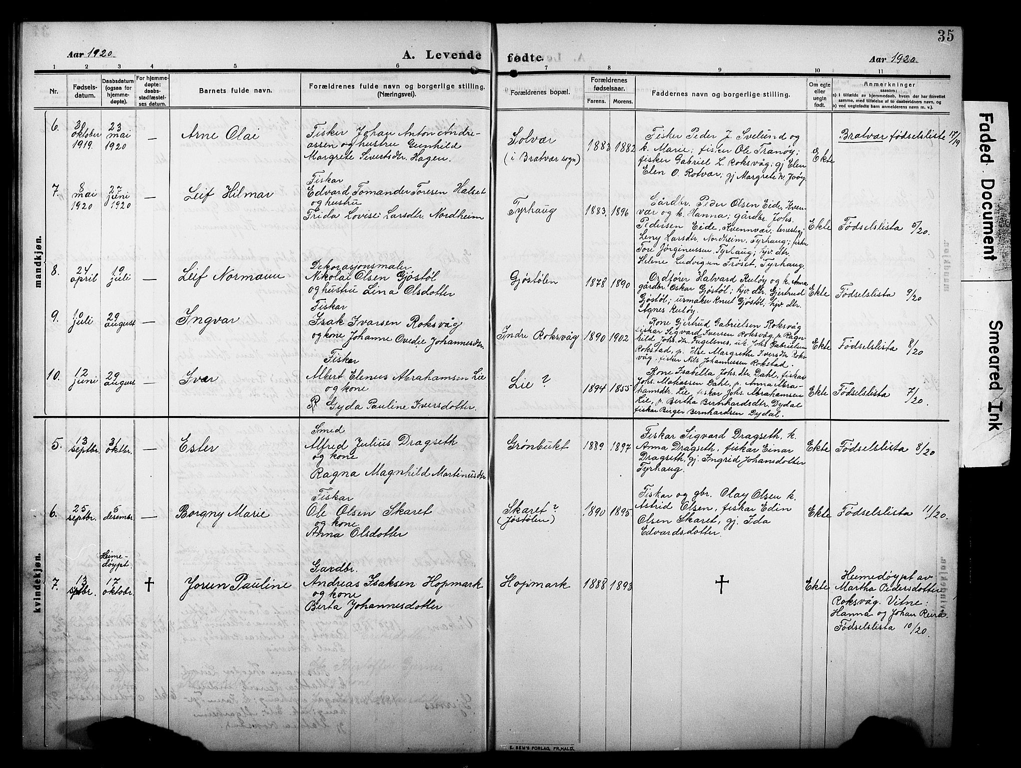 Ministerialprotokoller, klokkerbøker og fødselsregistre - Møre og Romsdal, AV/SAT-A-1454/581/L0943: Klokkerbok nr. 581C01, 1909-1931, s. 35