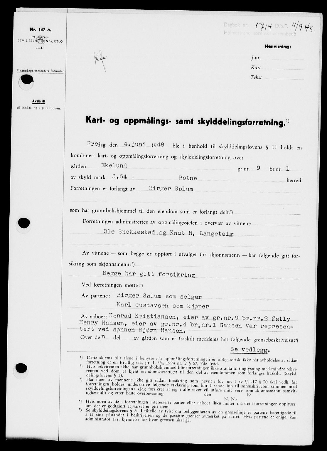 Holmestrand sorenskriveri, SAKO/A-67/G/Ga/Gaa/L0064: Pantebok nr. A-64, 1948-1948, Dagboknr: 1714/1948