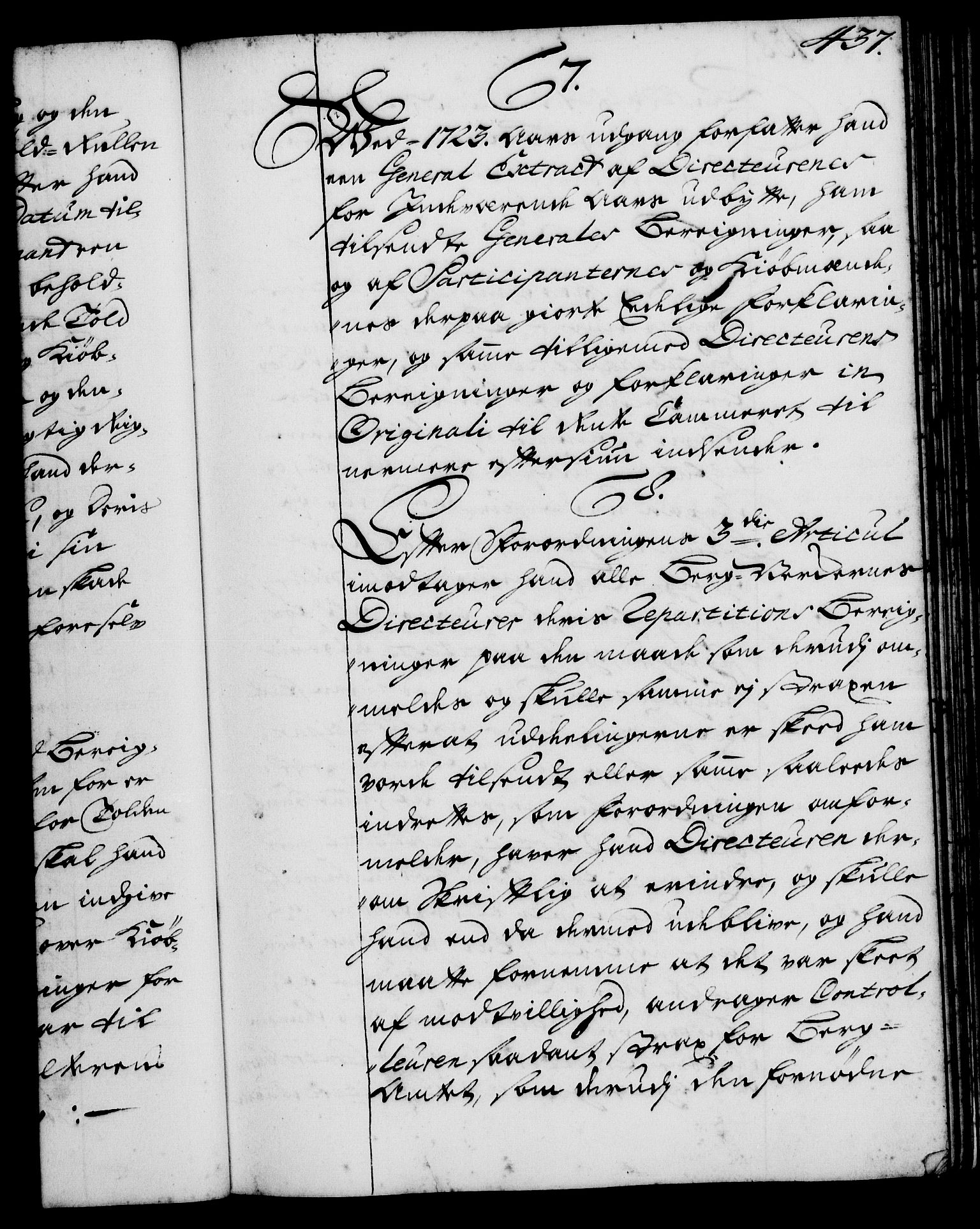 Rentekammeret, Kammerkanselliet, AV/RA-EA-3111/G/Gg/Ggi/L0001: Norsk instruksjonsprotokoll med register (merket RK 53.34), 1720-1729, s. 437
