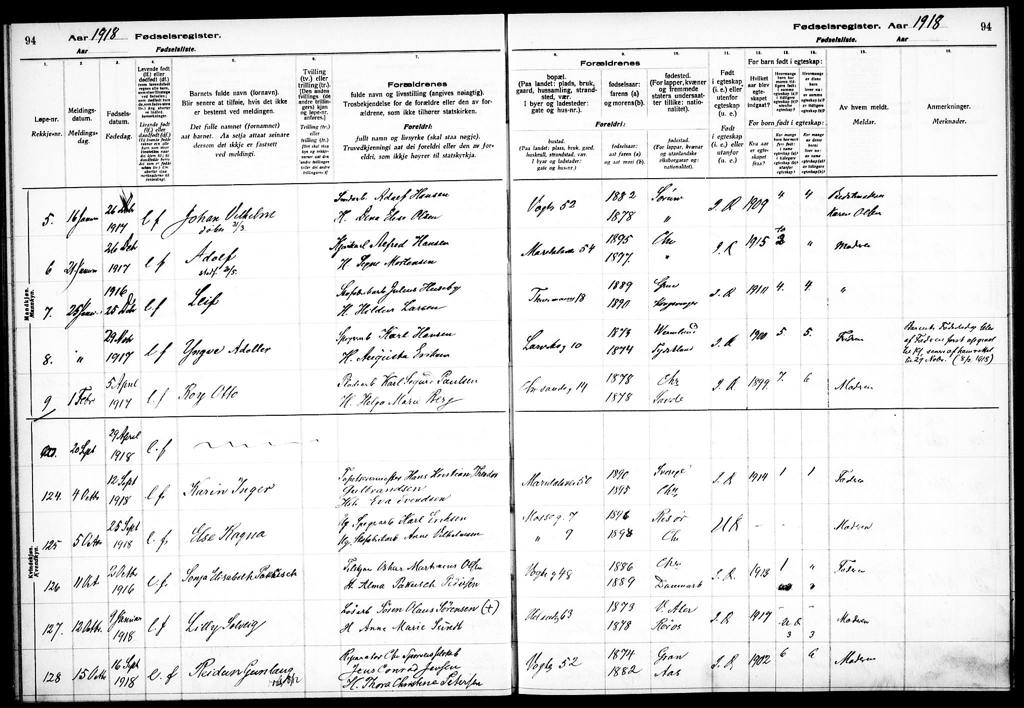 Sagene prestekontor Kirkebøker, AV/SAO-A-10796/J/L0001: Fødselsregister nr. 1, 1916-1920, s. 94