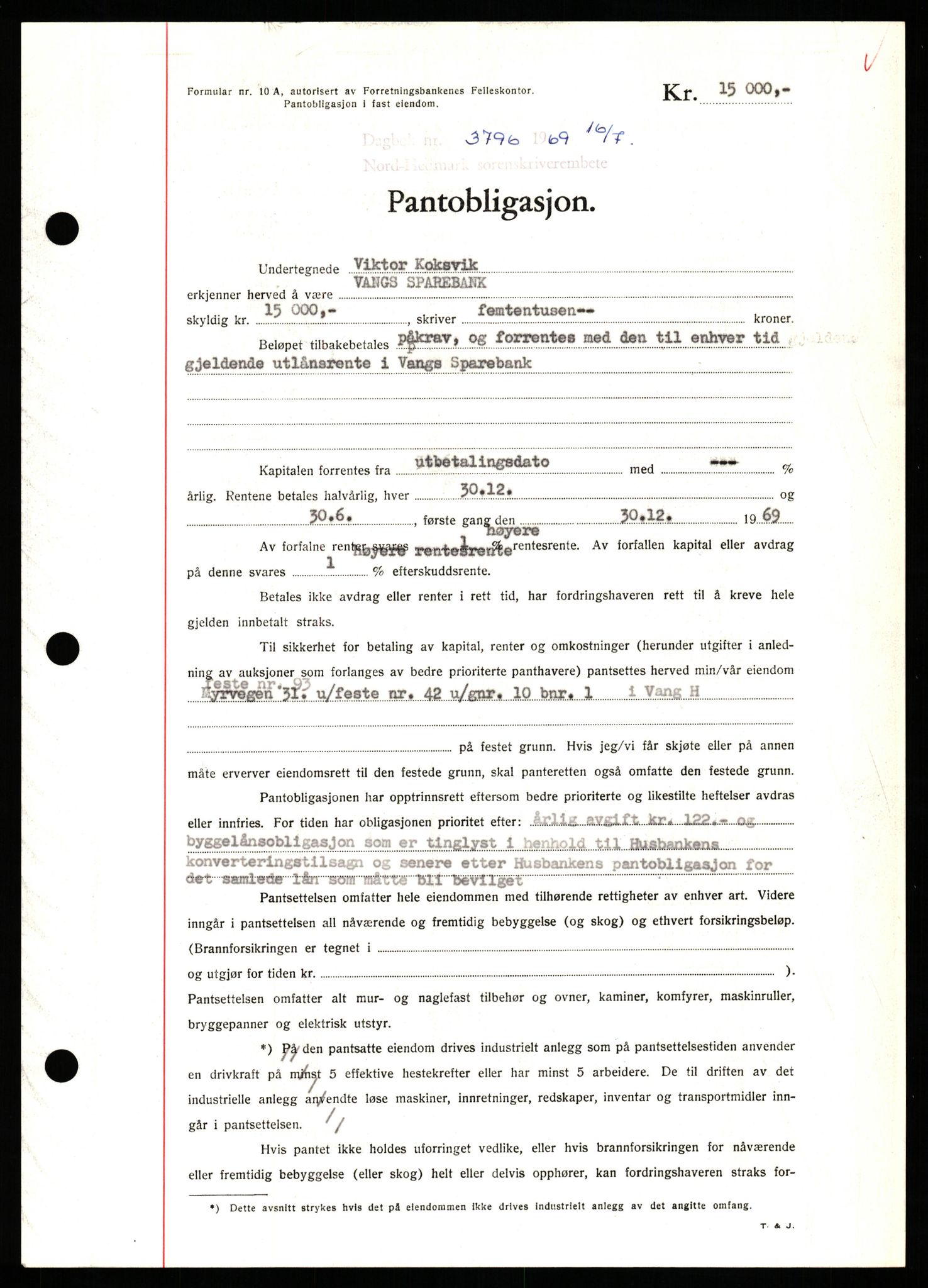 Nord-Hedmark sorenskriveri, SAH/TING-012/H/Hb/Hbf/L0080: Pantebok nr. B80, 1969-1969, Dagboknr: 3796/1969