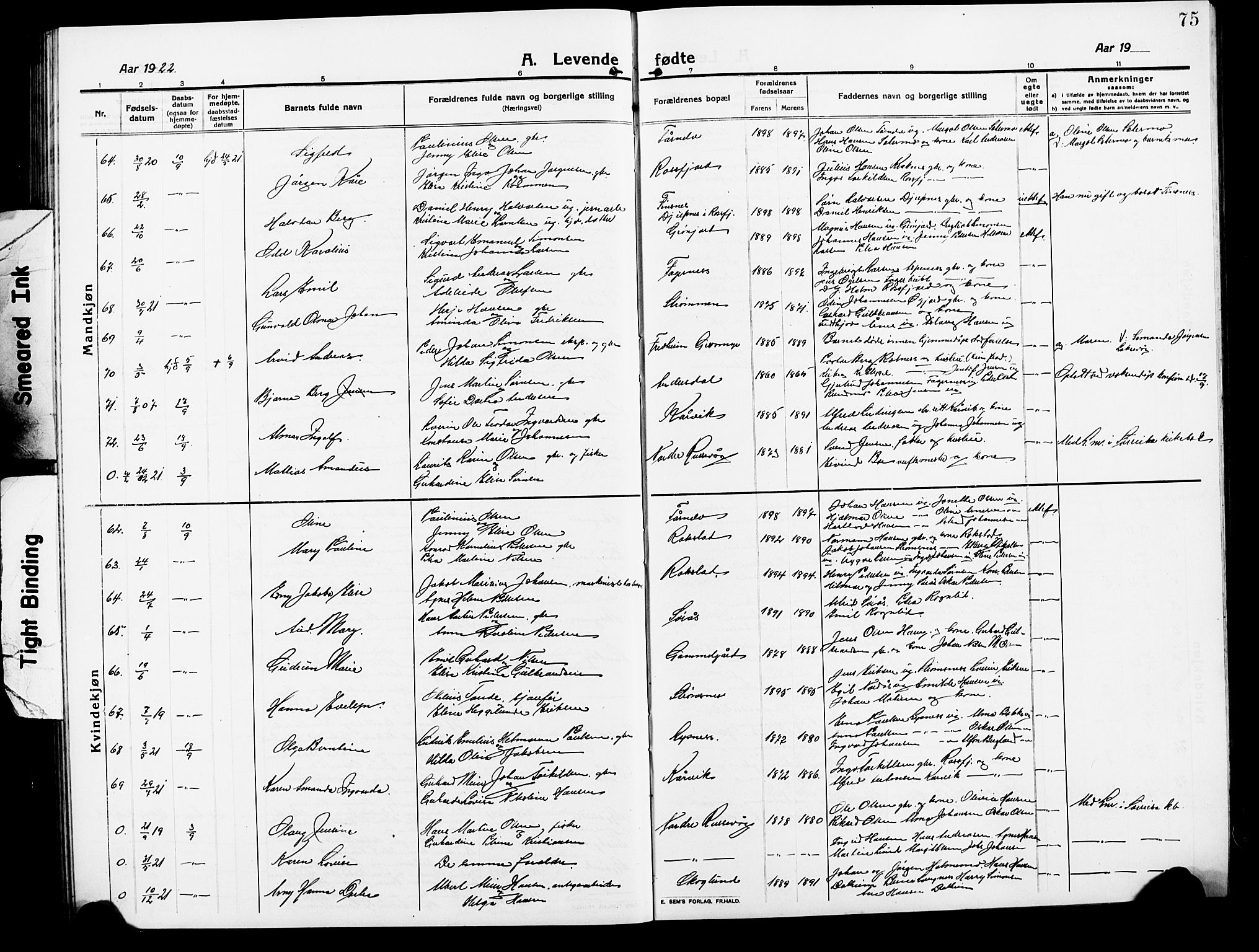 Lenvik sokneprestembete, AV/SATØ-S-1310/H/Ha/Hab/L0009klokker: Klokkerbok nr. 9, 1912-1926, s. 75