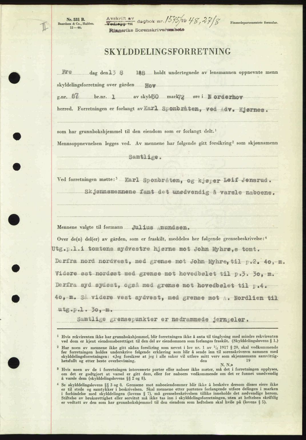 Ringerike sorenskriveri, SAKO/A-105/G/Ga/Gab/L0088: Pantebok nr. A-19, 1948-1948, Dagboknr: 1575/1948