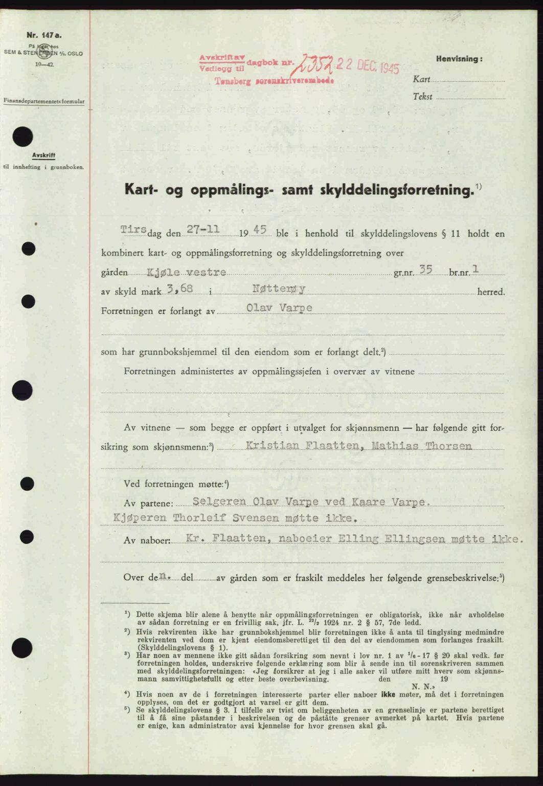 Tønsberg sorenskriveri, AV/SAKO-A-130/G/Ga/Gaa/L0017a: Pantebok nr. A17a, 1945-1945, Dagboknr: 2352/1945