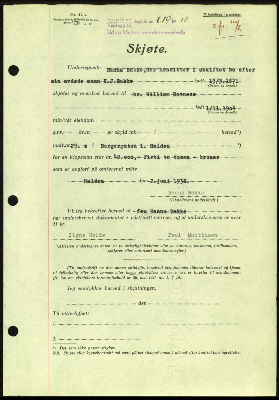Idd og Marker sorenskriveri, AV/SAO-A-10283/G/Gb/Gbb/L0002: Pantebok nr. A2, 1937-1938, Dagboknr: 619/1938