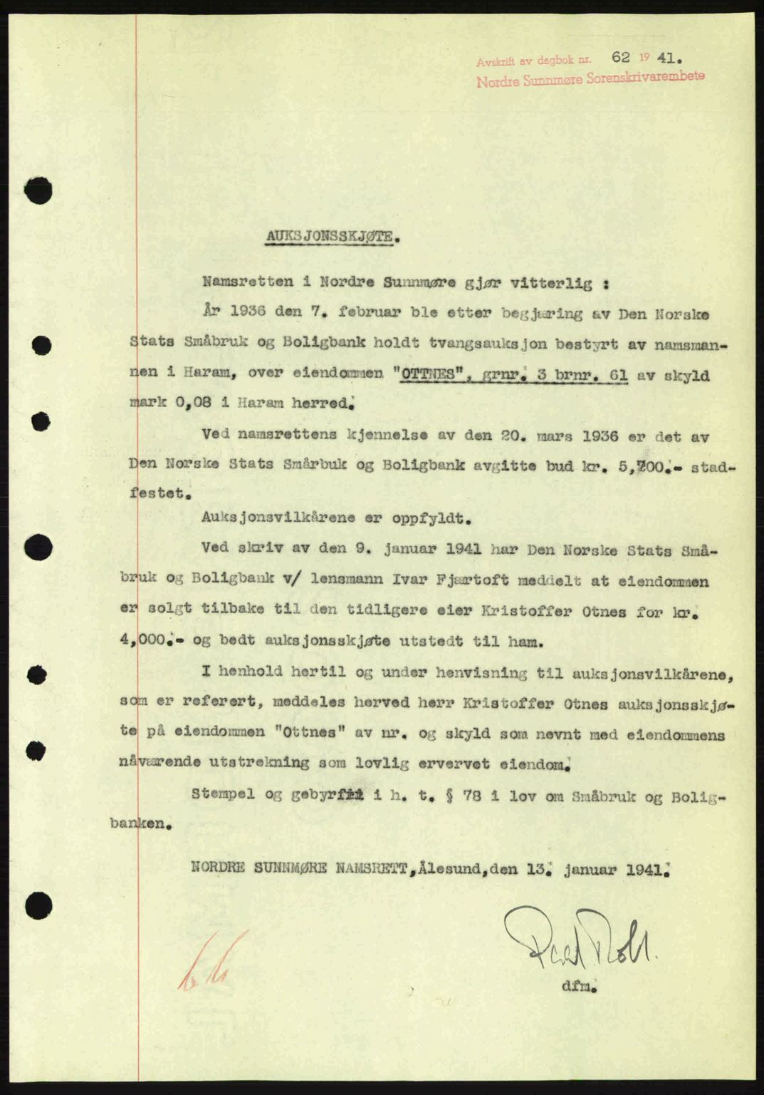 Nordre Sunnmøre sorenskriveri, SAT/A-0006/1/2/2C/2Ca: Pantebok nr. A10, 1940-1941, Dagboknr: 62/1941