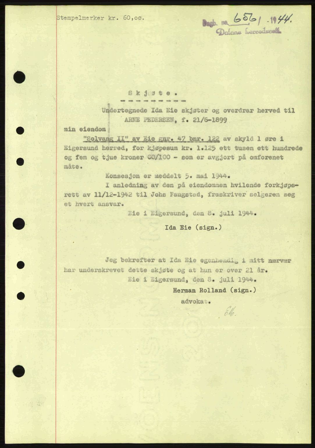 Dalane sorenskriveri, SAST/A-100309/02/G/Gb/L0047: Pantebok nr. A8 I, 1944-1945, Dagboknr: 656/1944
