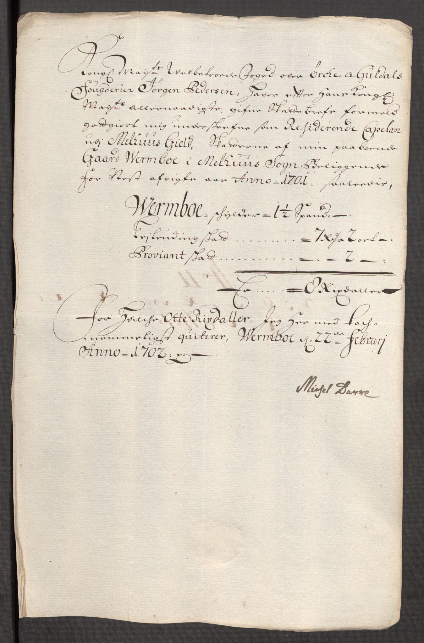 Rentekammeret inntil 1814, Reviderte regnskaper, Fogderegnskap, RA/EA-4092/R60/L3951: Fogderegnskap Orkdal og Gauldal, 1701, s. 277