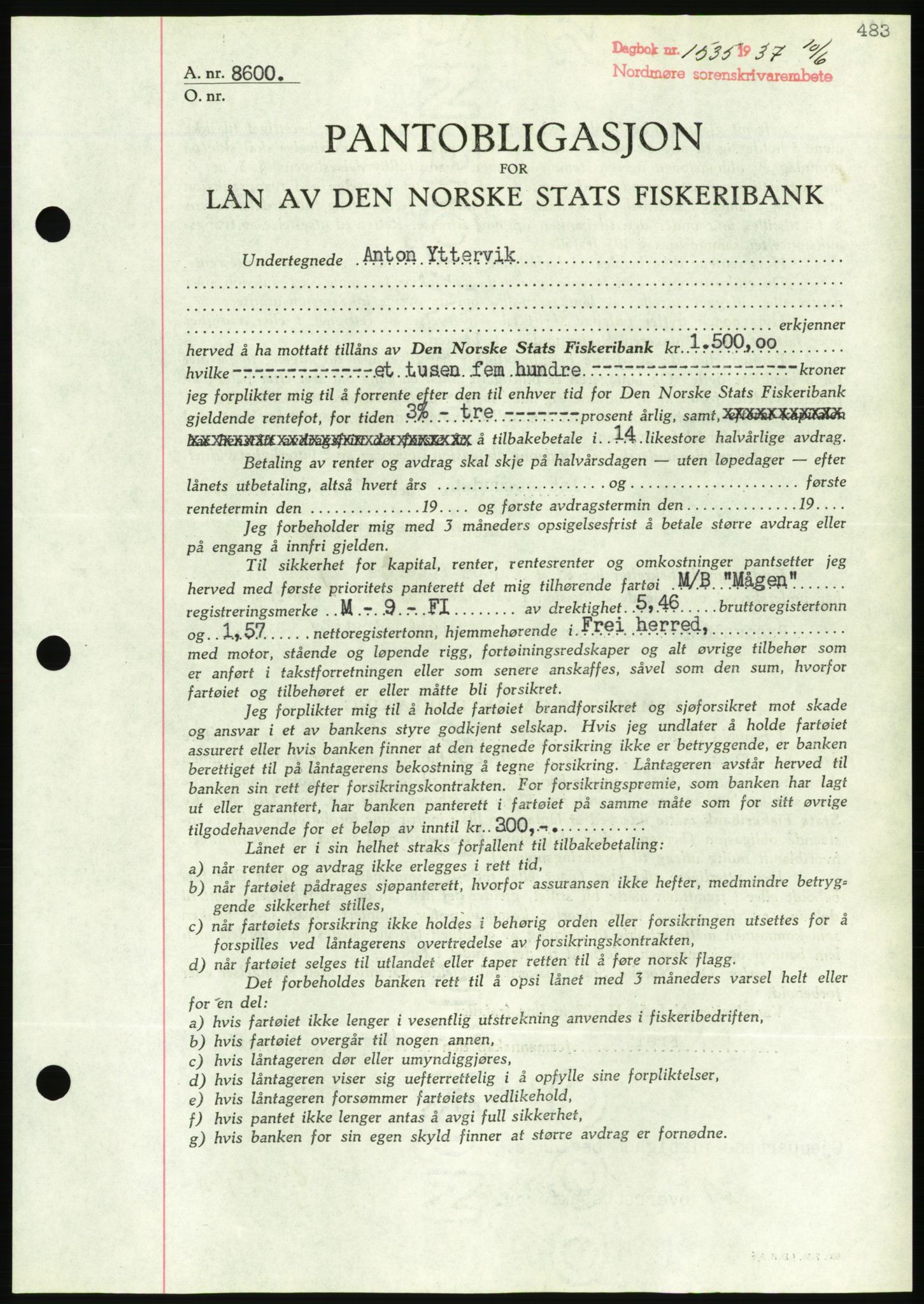 Nordmøre sorenskriveri, AV/SAT-A-4132/1/2/2Ca/L0091: Pantebok nr. B81, 1937-1937, Dagboknr: 1535/1937